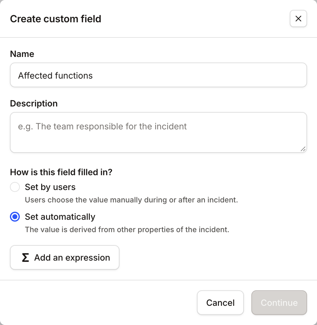 The Create custom field modal with Set automatically chosen and an Add an expression button