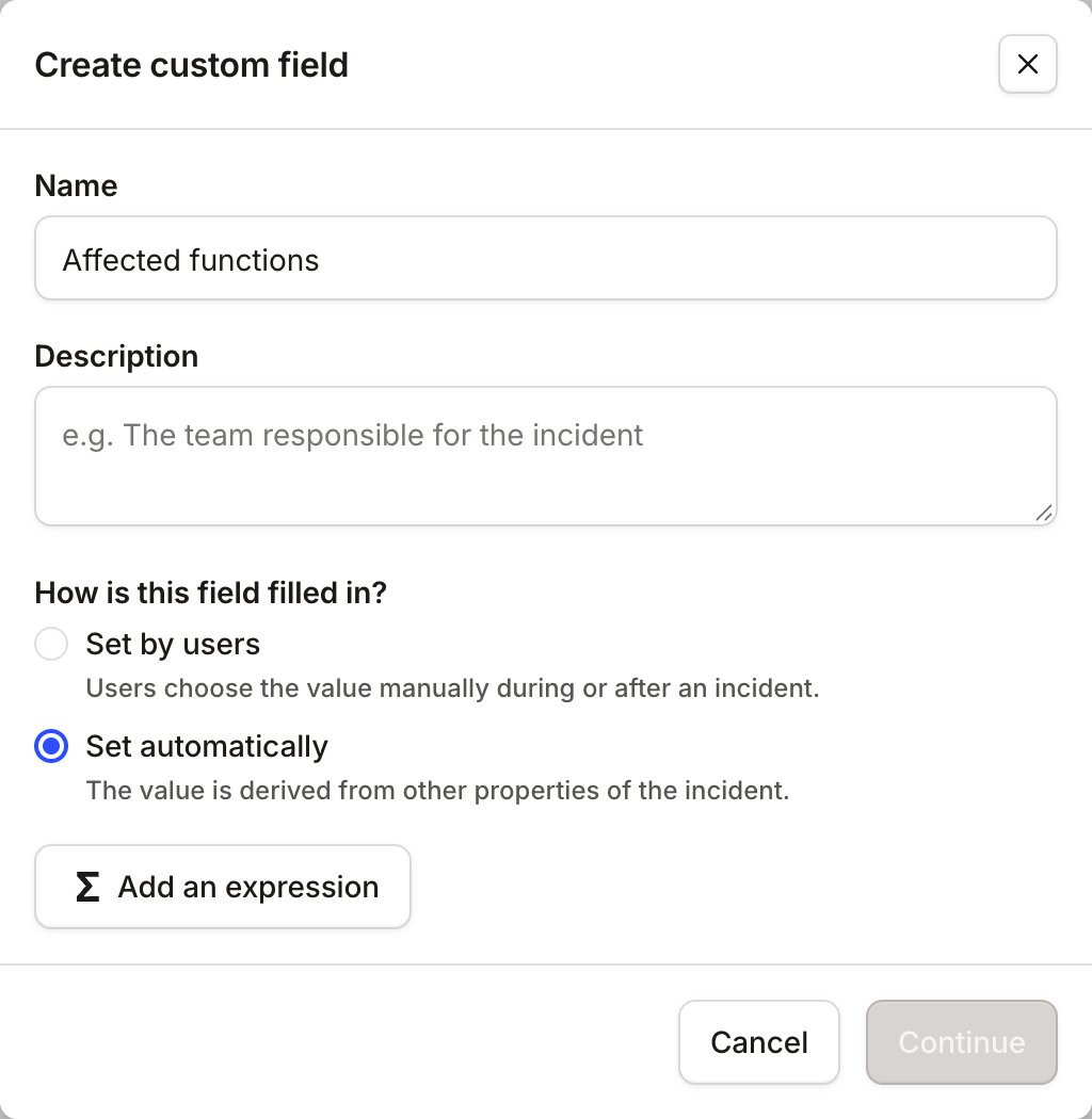 The Create custom field modal with Set automatically chosen and an Add an expression button
