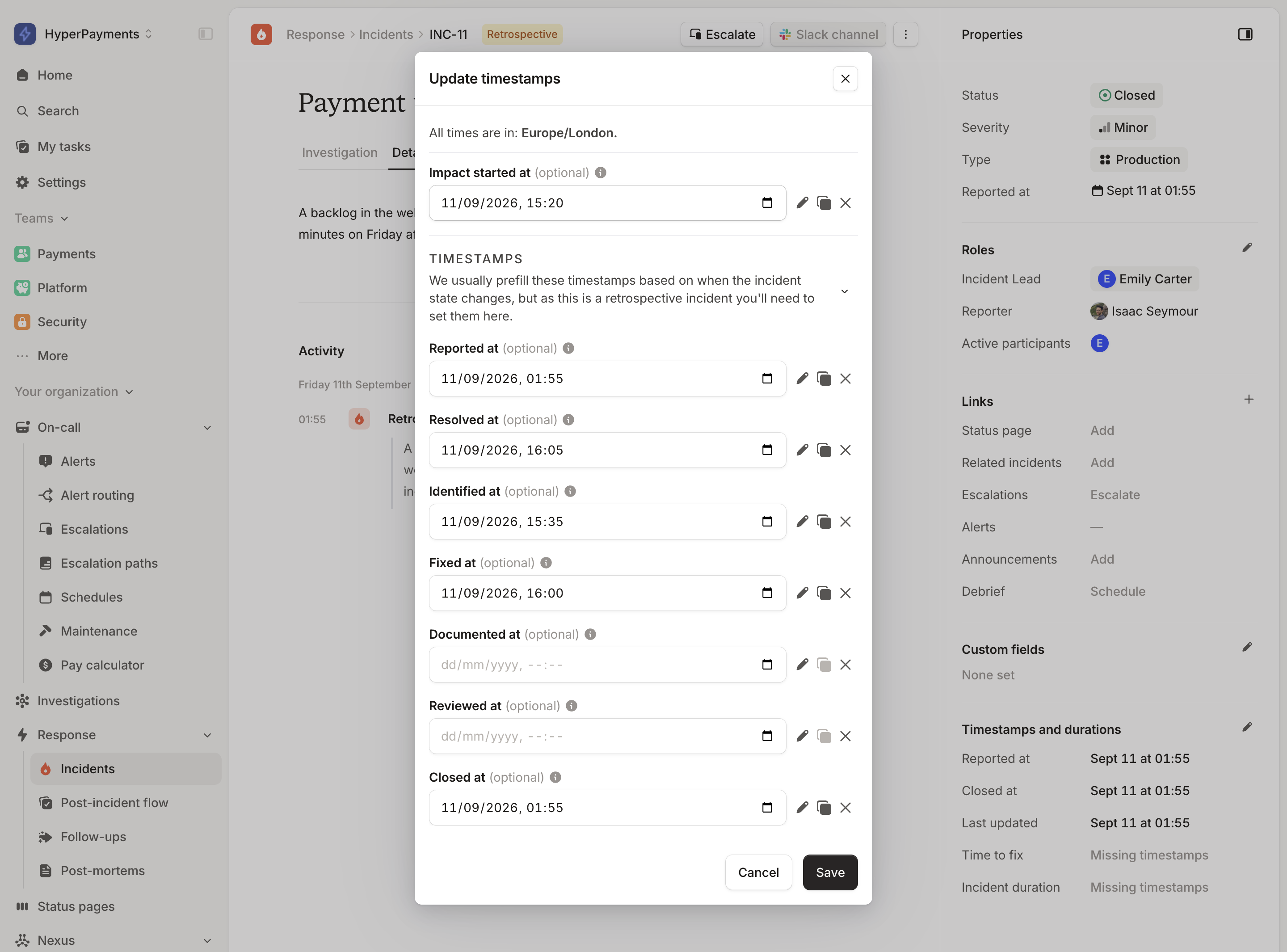 The Update timestamps modal, with Reported at, Resolved at, Identified at and Fixed at filled in