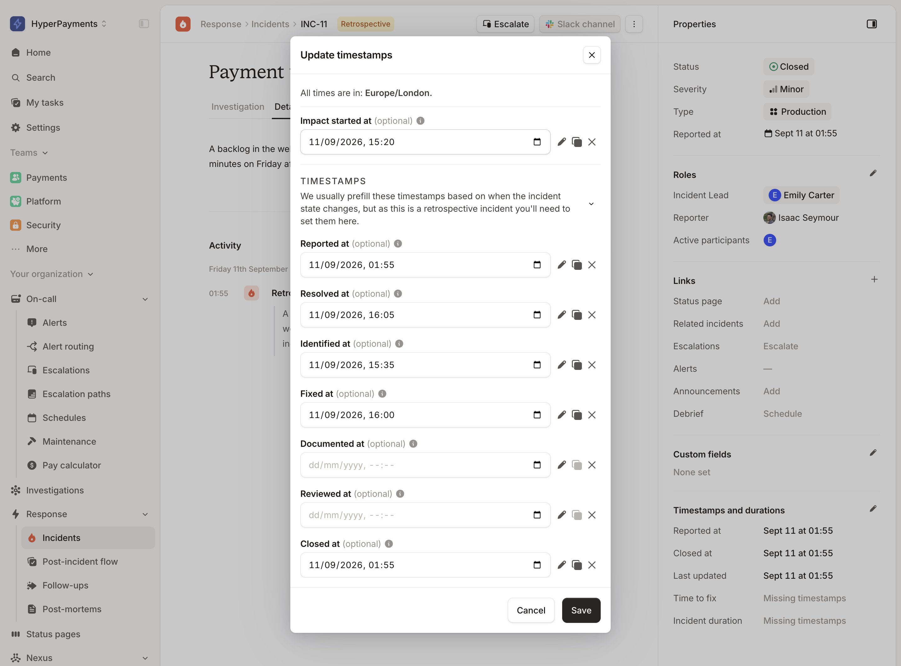 The Update timestamps modal, with Reported at, Resolved at, Identified at and Fixed at filled in