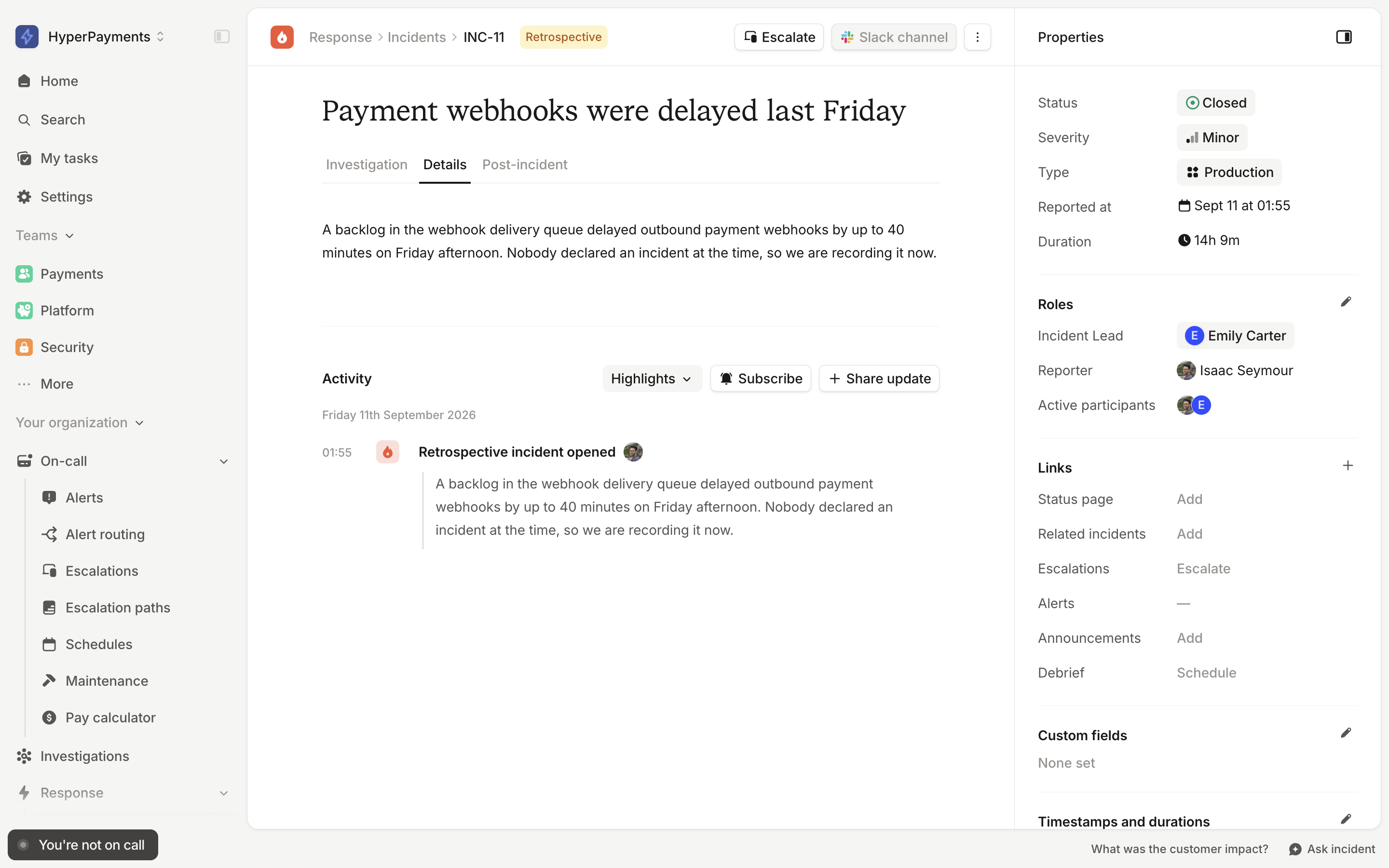 An incident page with a Retrospective label next to the incident reference