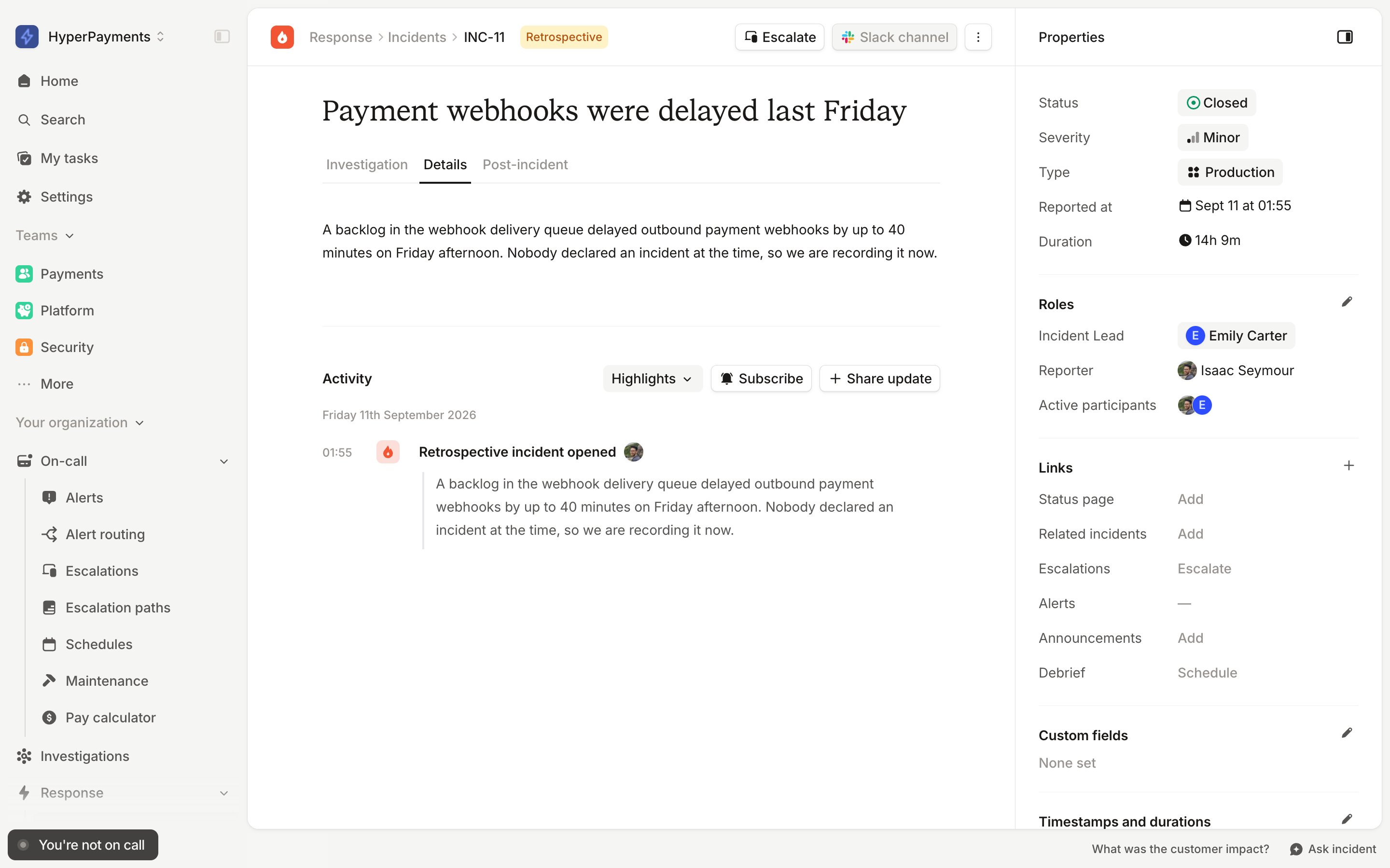 An incident page with a Retrospective label next to the incident reference