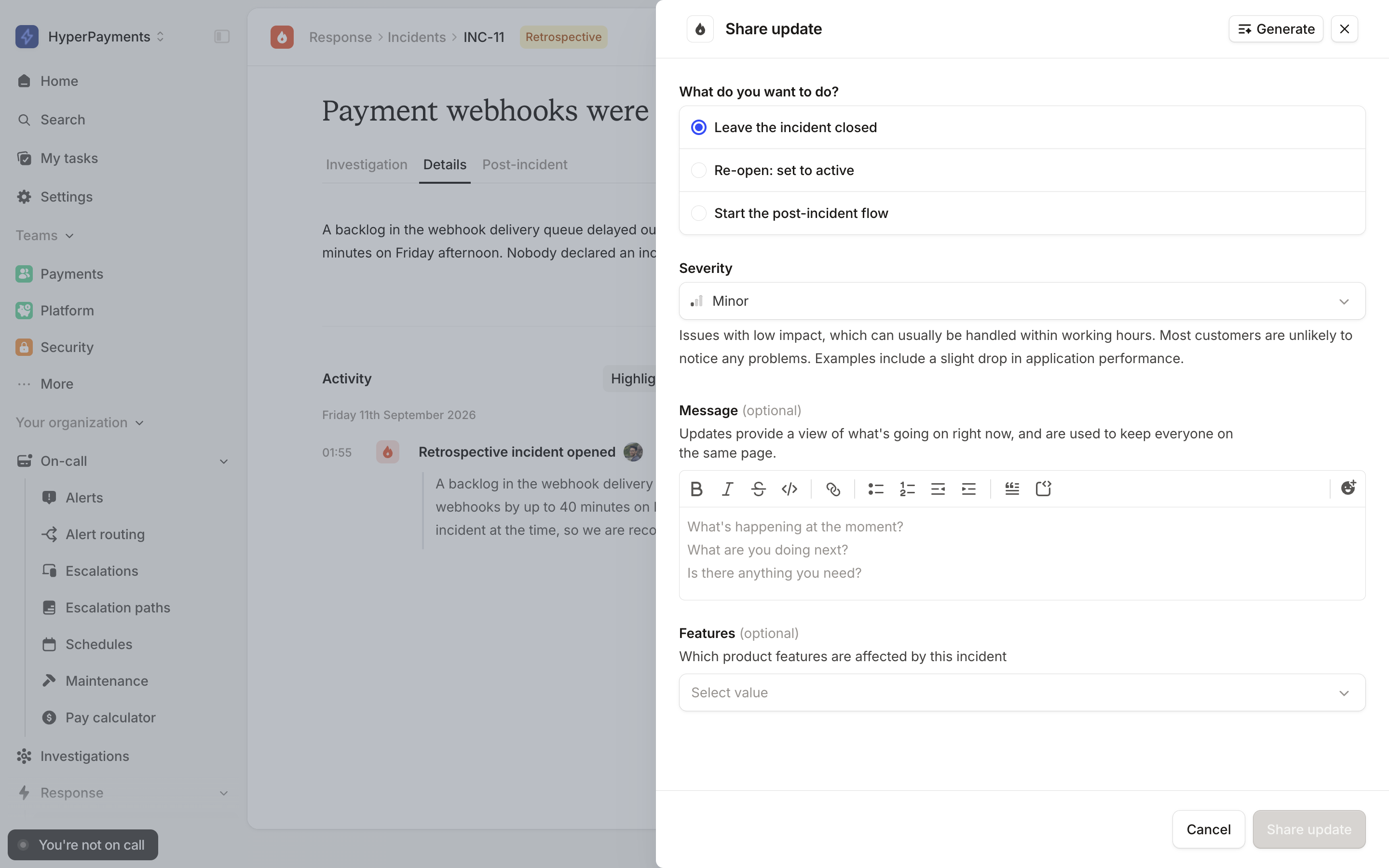 The Share update drawer, with Re-open: set to active offered under What do you want to do?