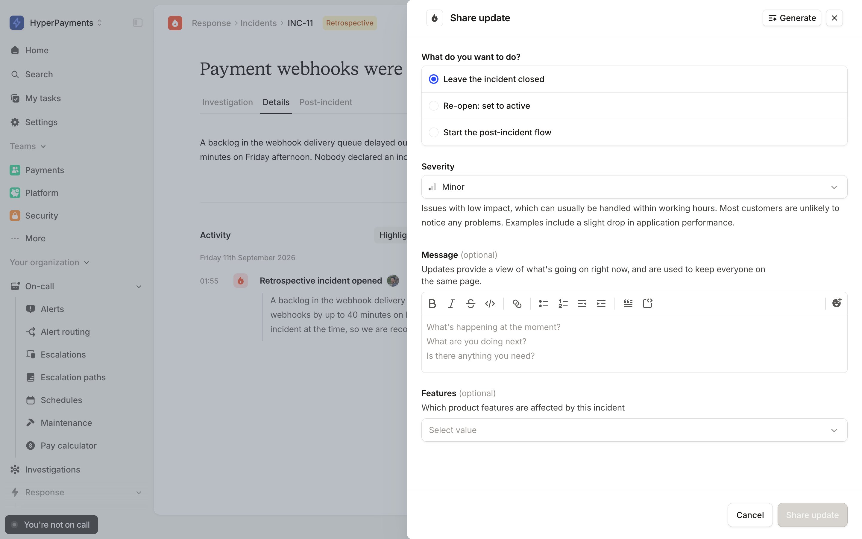 The Share update drawer, with Re-open: set to active offered under What do you want to do?