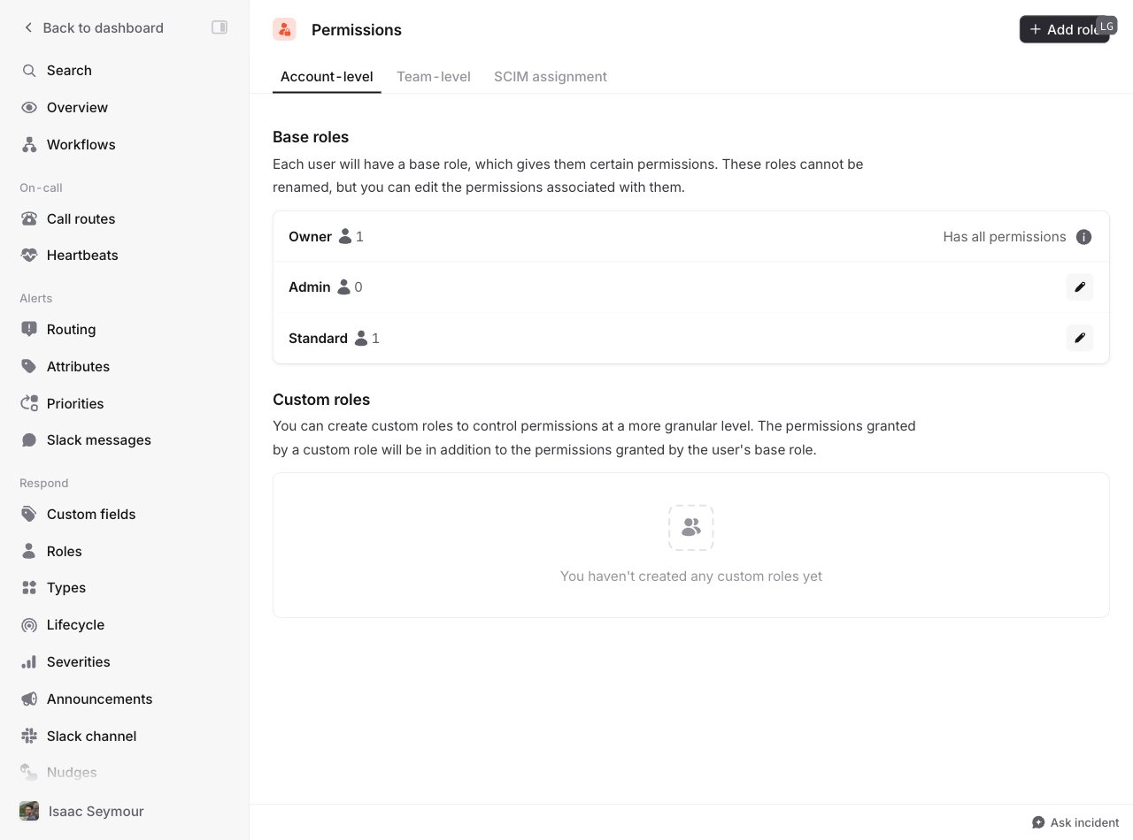 Base roles list showing Owner, Admin, and Standard roles