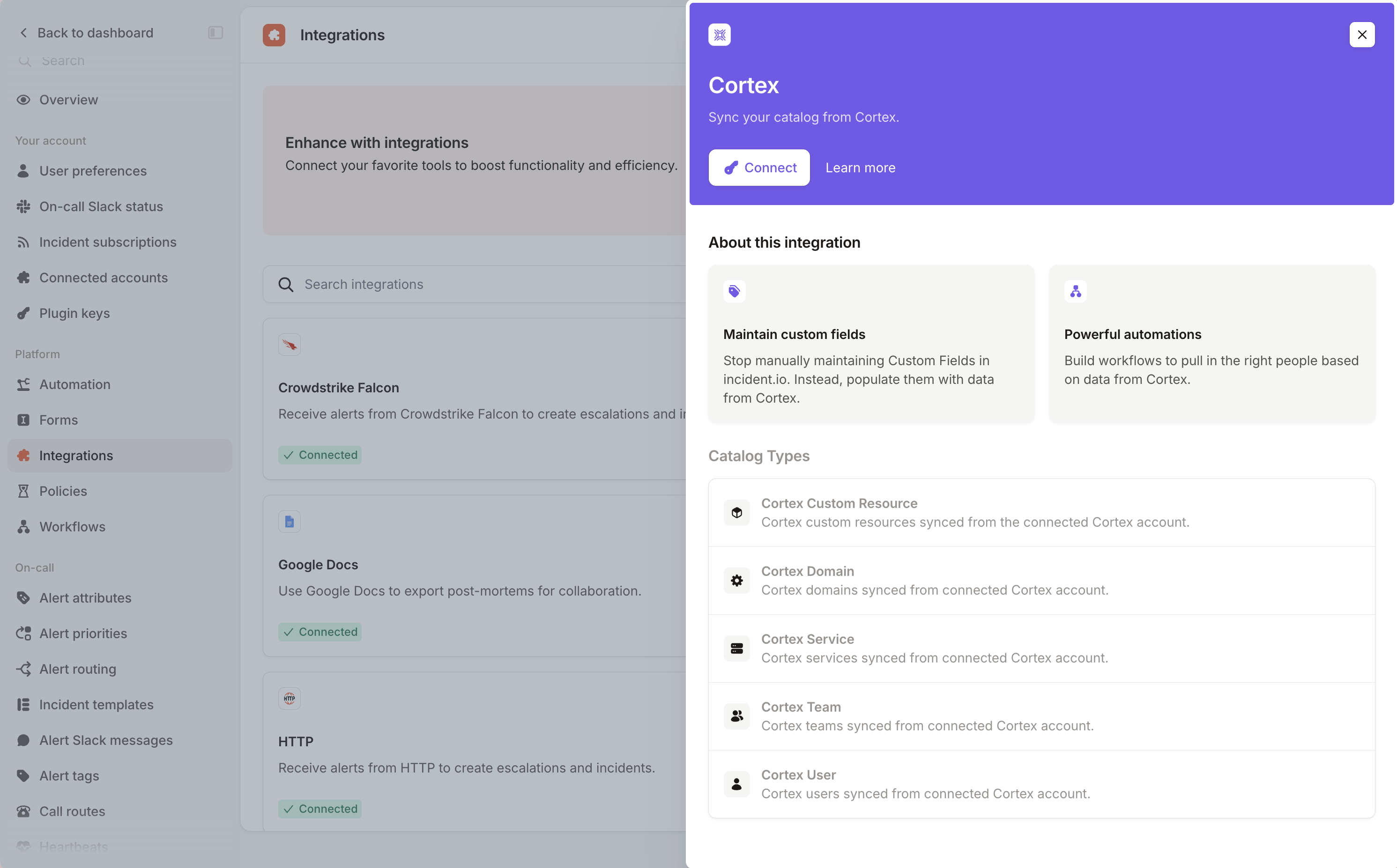 The Cortex integration panel, listing the five catalog types it syncs, with a Connect
button
