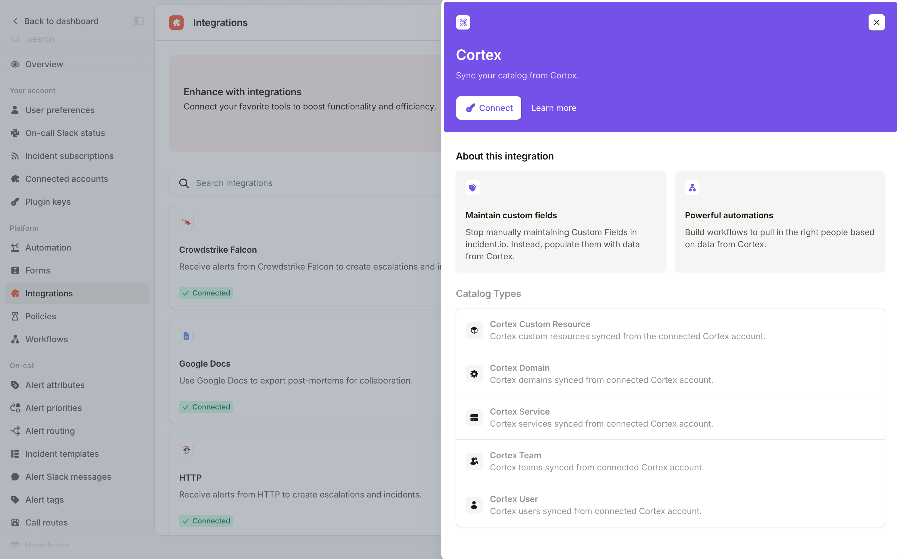 The Cortex integration panel, listing the five catalog types it syncs, with a Connect
button