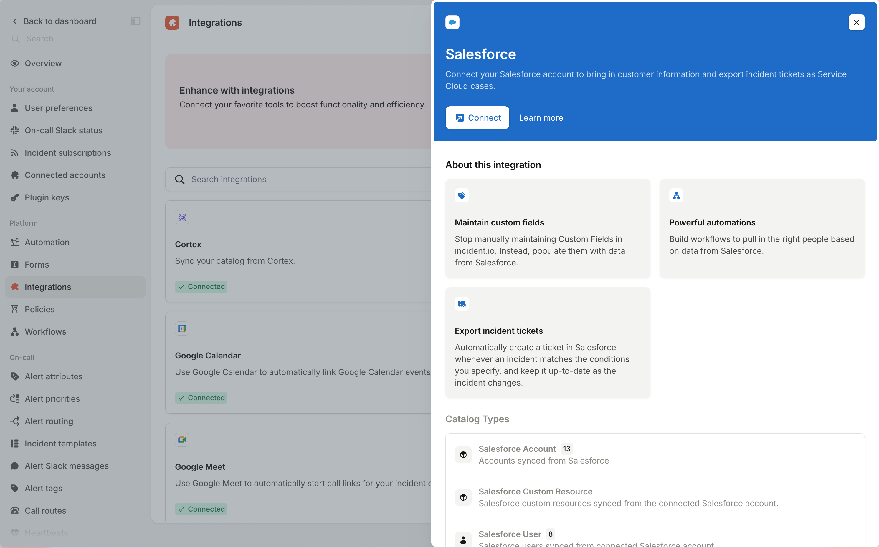 The Salesforce integration panel, listing the catalog types it syncs, with a Connect
button
