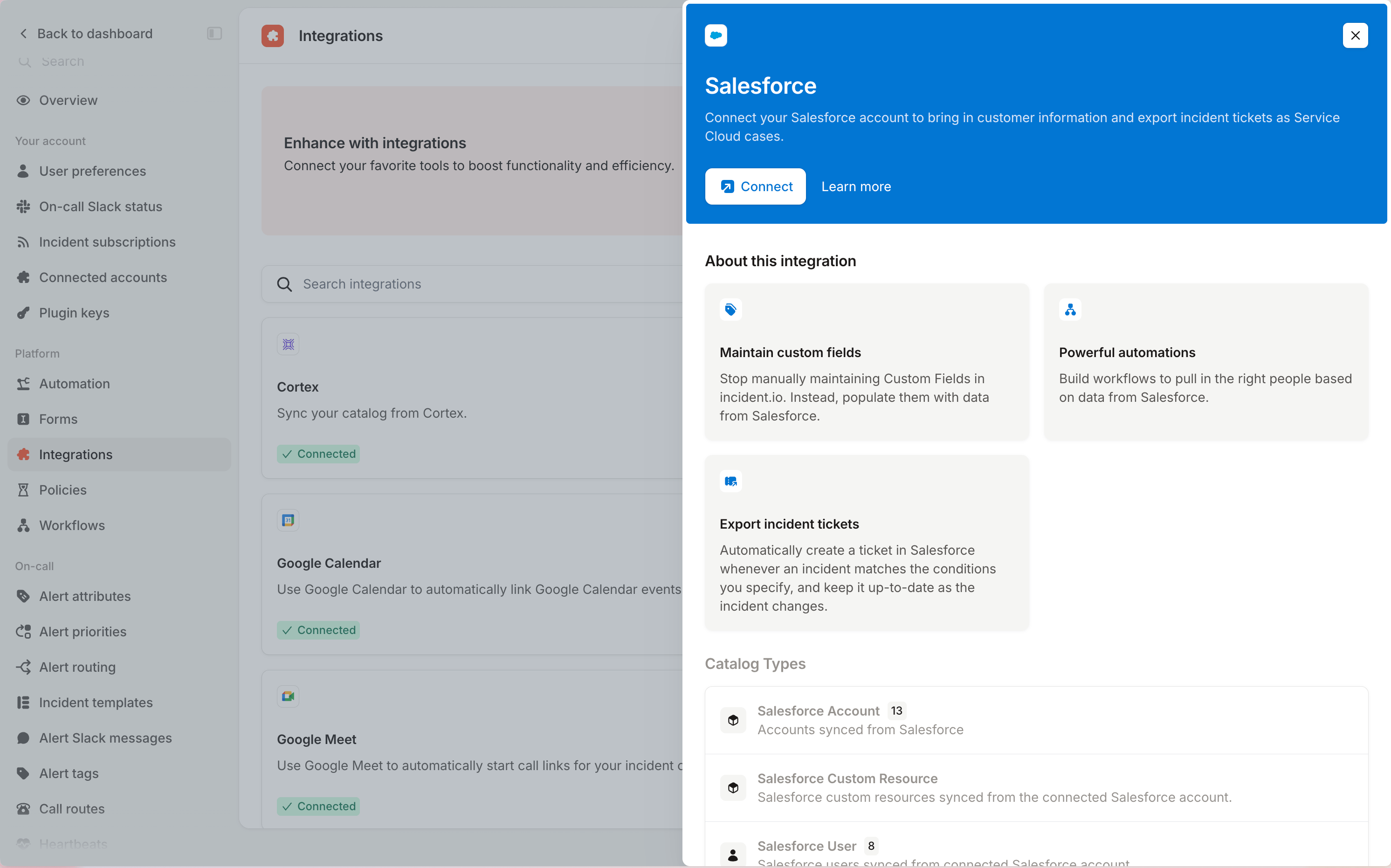 The Salesforce integration panel, listing the catalog types it syncs, with a Connect
button