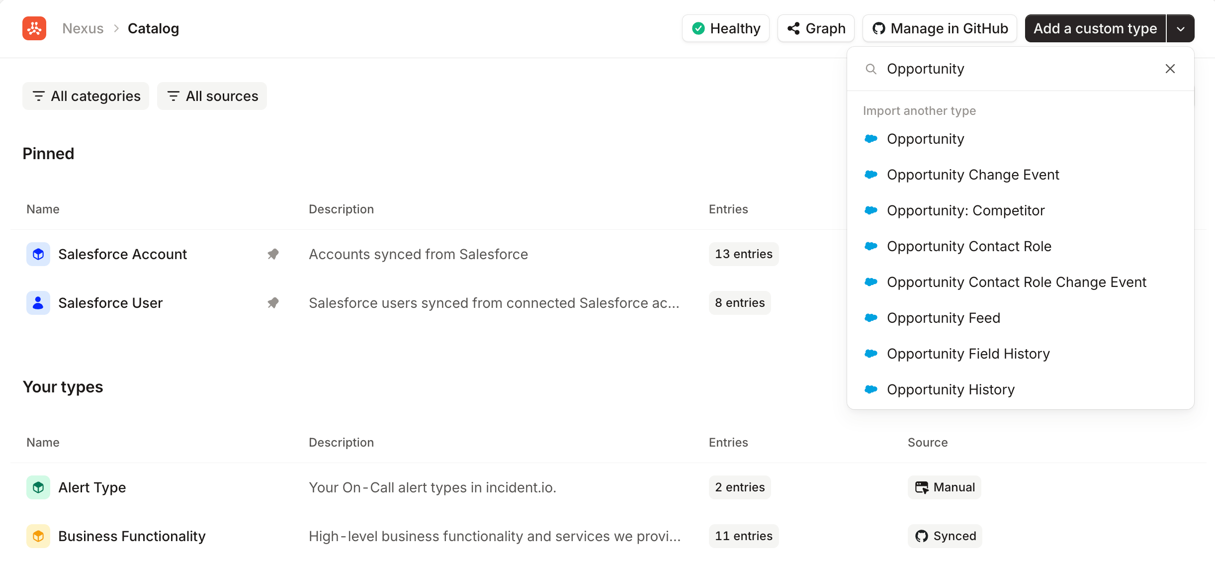 Searching for Opportunity under Import another type, listing Opportunity alongside Salesforce system objects like
Opportunity Feed and Opportunity History
