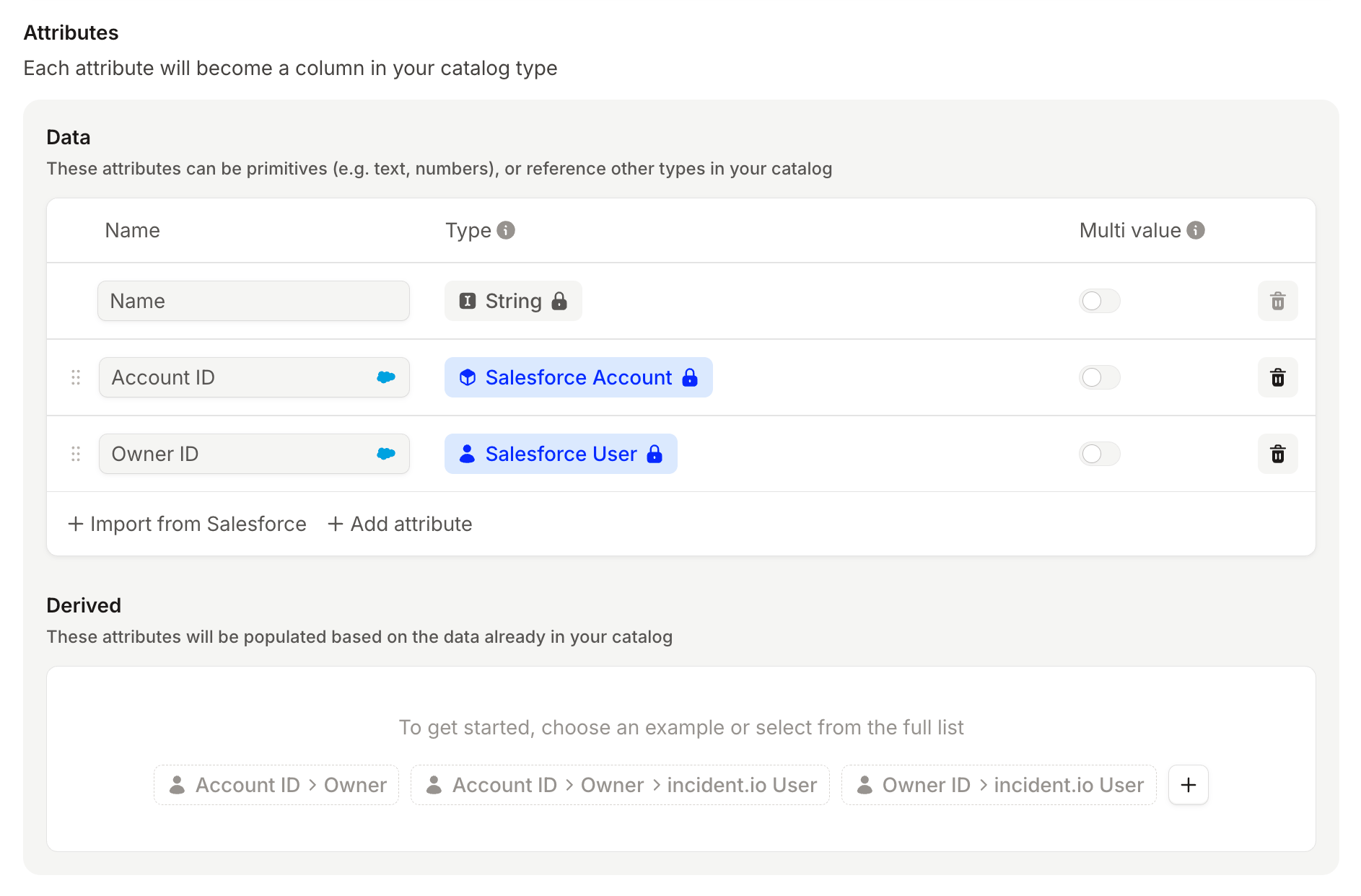 The Salesforce Opportunity attribute editor, with Account ID typed as Salesforce Account and Owner ID as Salesforce
User