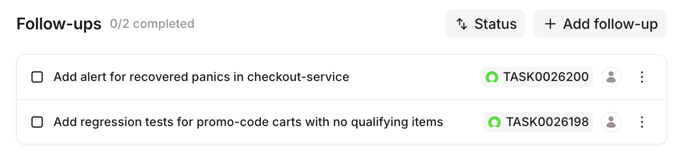 The Follow-ups section on an incident, showing 0 of 2 completed and each follow-up's linked ticket