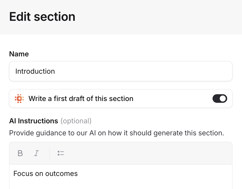 Enabling AI drafting on a template section with custom instructions