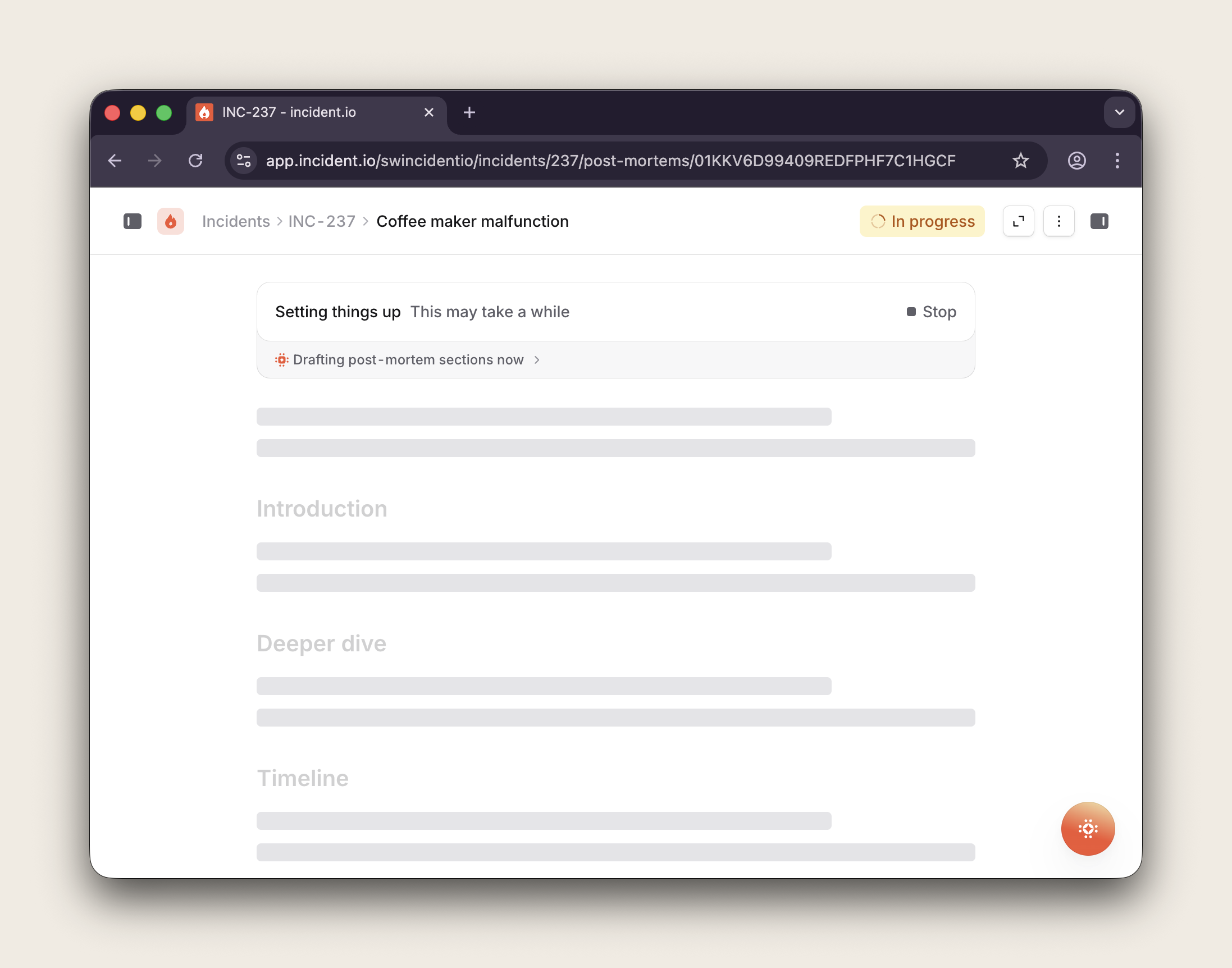 AI generating a first draft of a post-mortem, populating each section from incident data