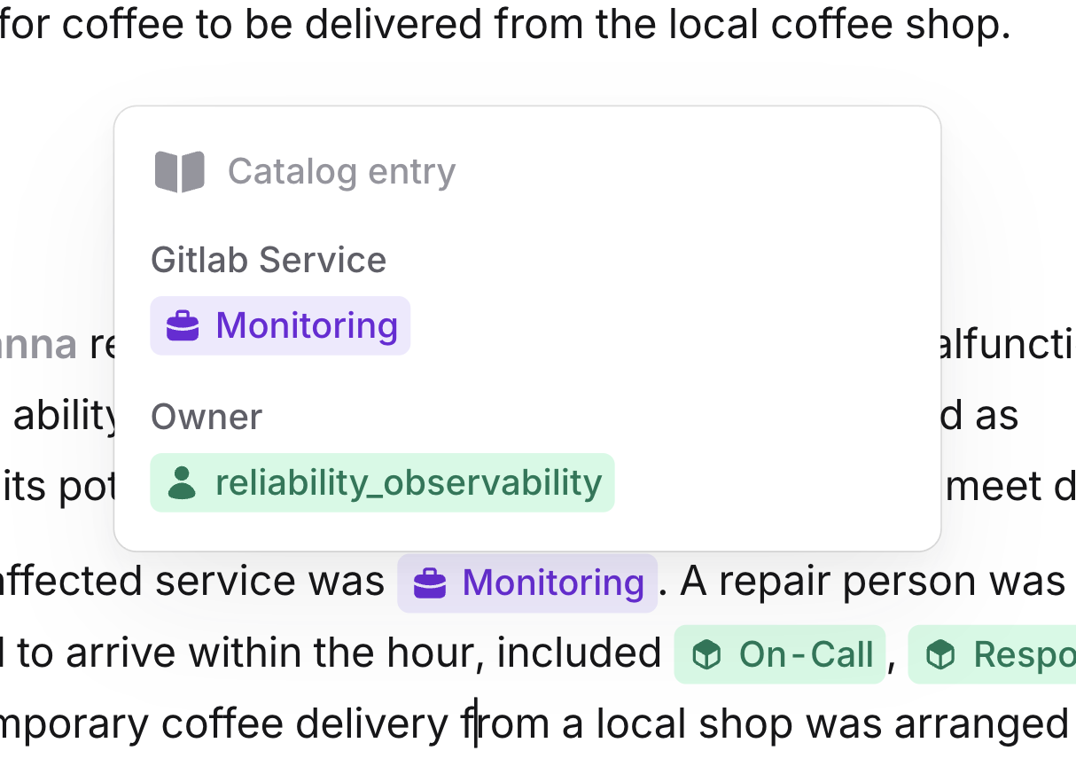 Catalog mention hover card Hovering over a catalog mention shows the entry type, name, and linked attributes