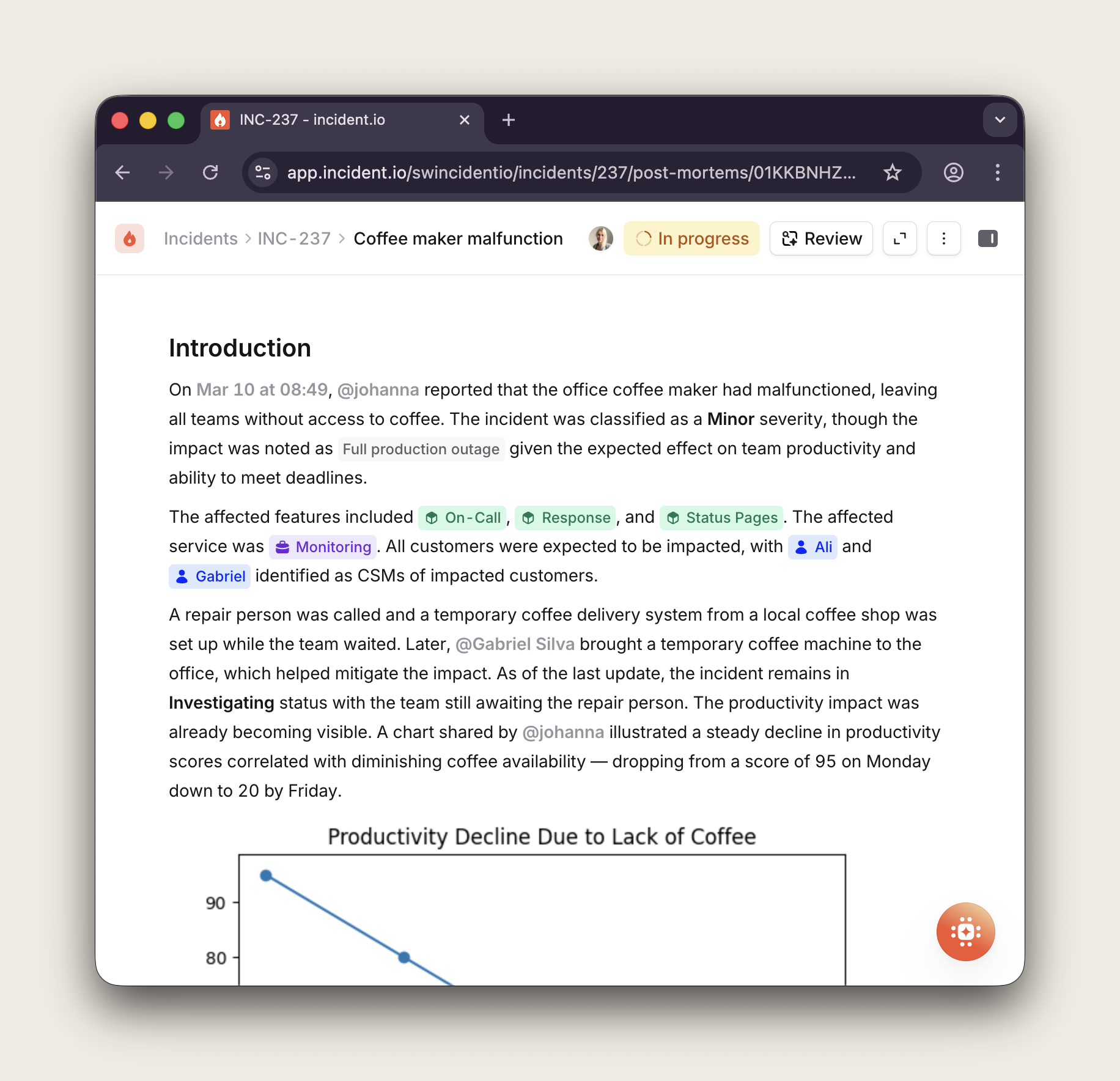The post-mortem editor with AI-generated content and inline incident context