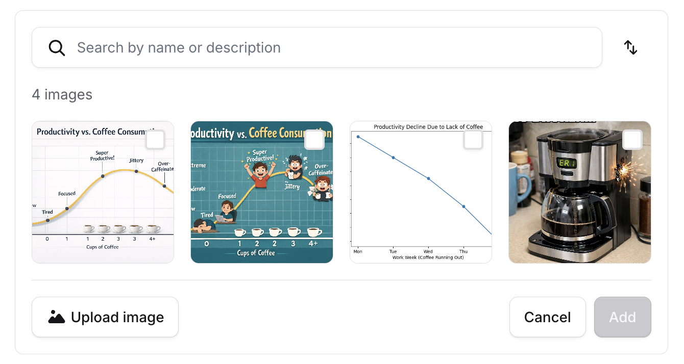 Image picker The image picker showing images from the incident channel with search and upload options