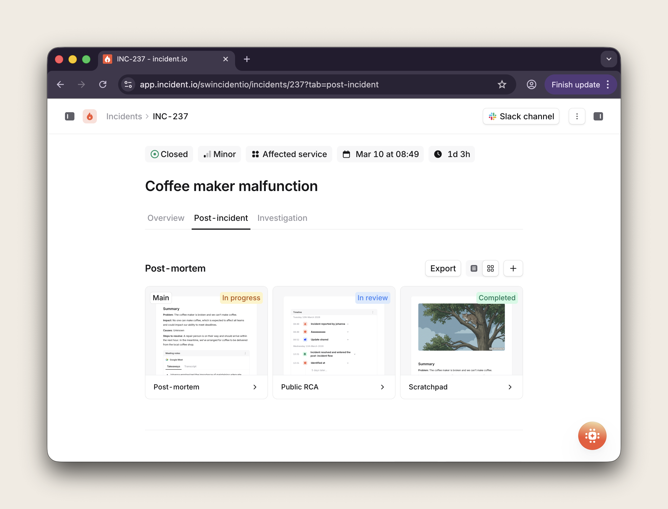 Three post-mortem documents on a single incident, each at a different stage