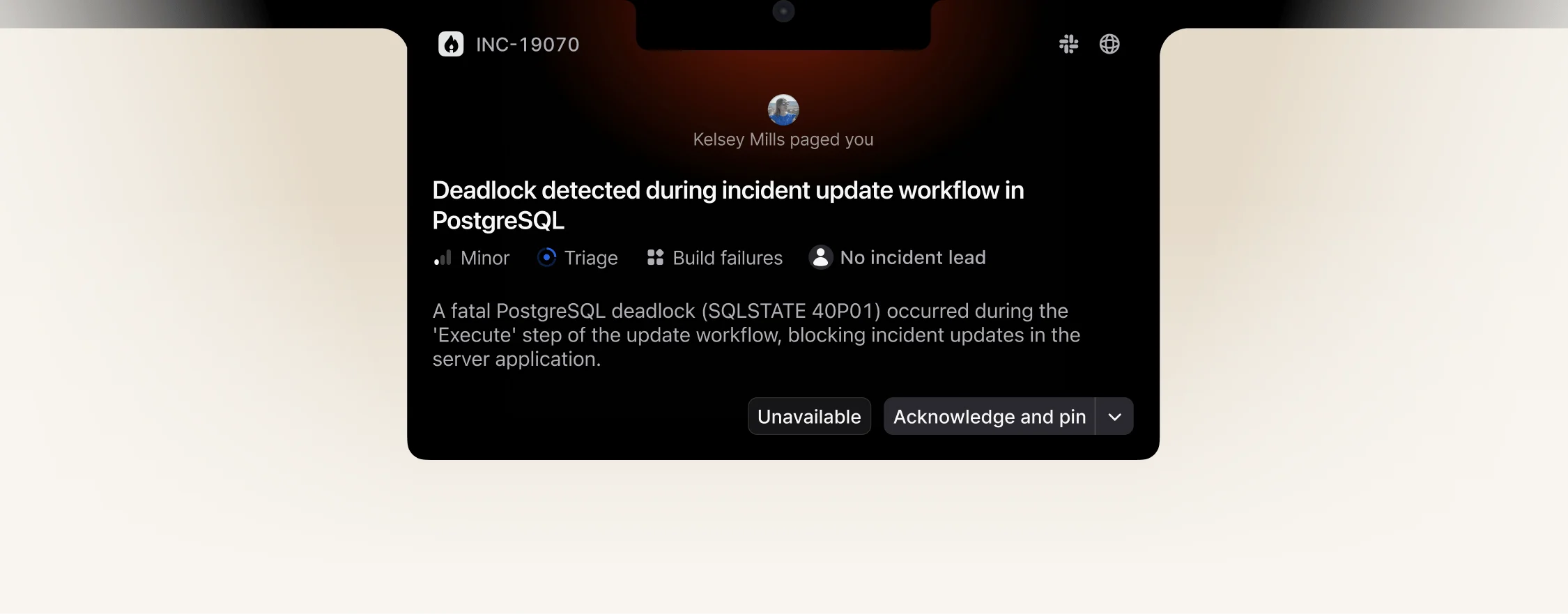 Escalation prompt in the notch showing the incident title, severity, and "Acknowledge and pin" button.