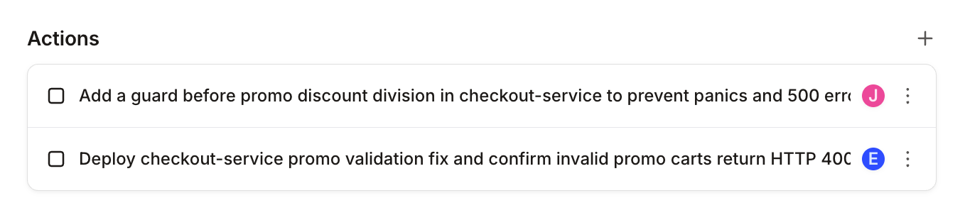 The Actions section on an incident, listing two actions with their owners