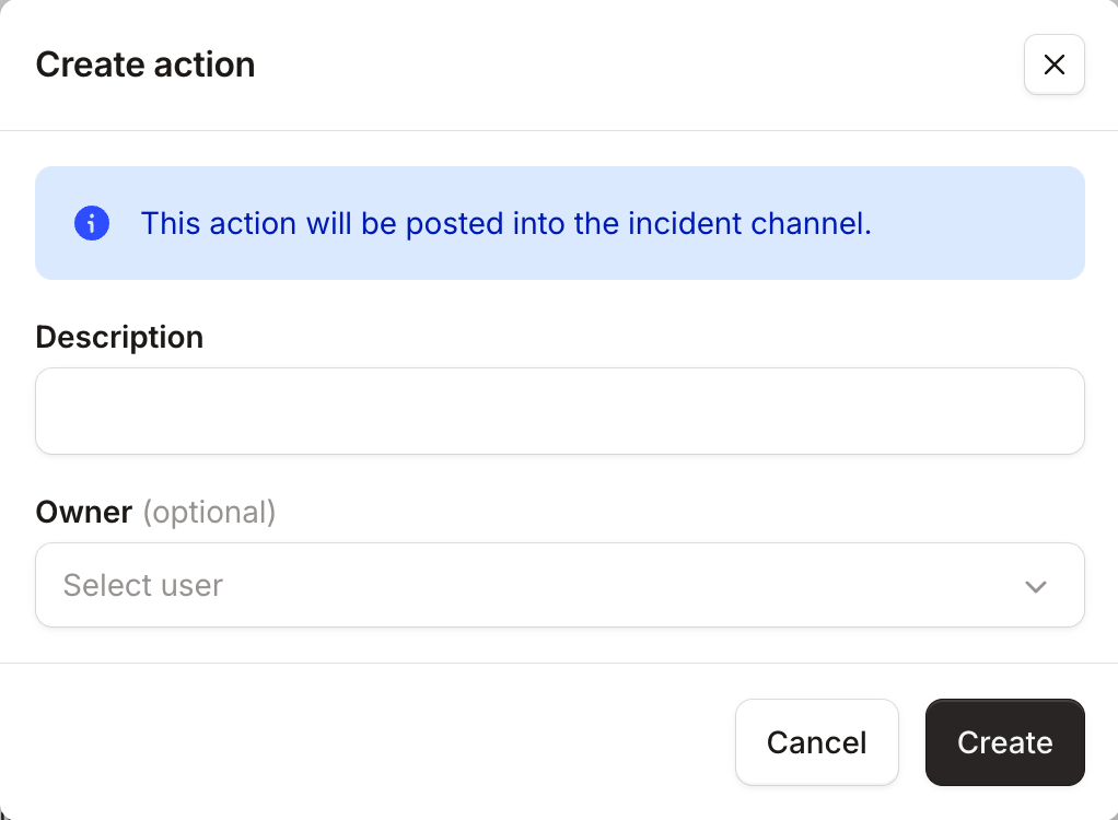 The Create action drawer, with a Description field and an optional Owner field
