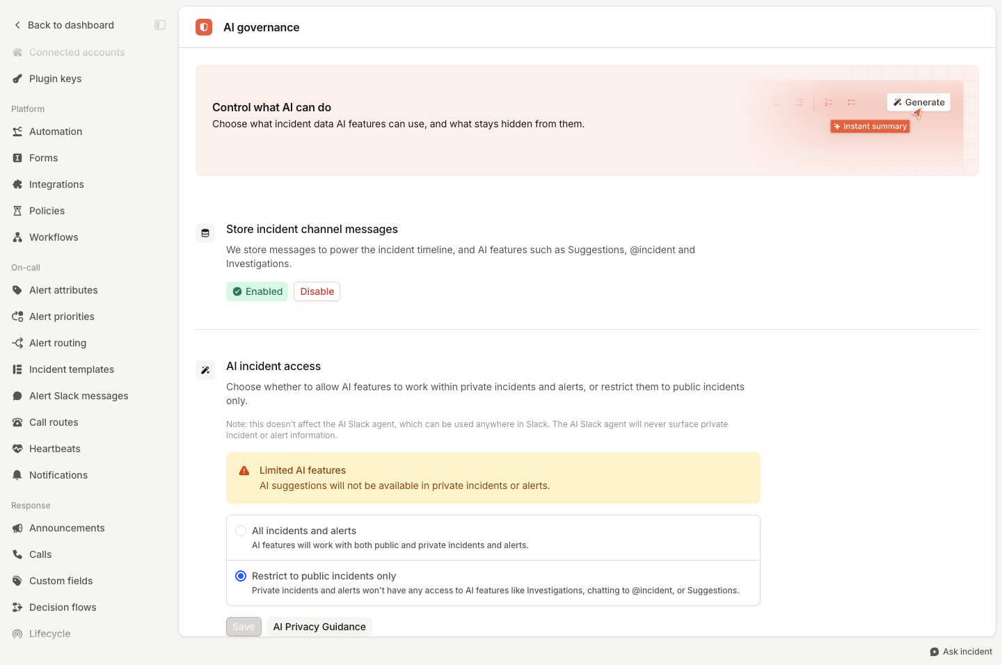 The AI governance settings page, showing the store incident channel messages and AI incident access sections