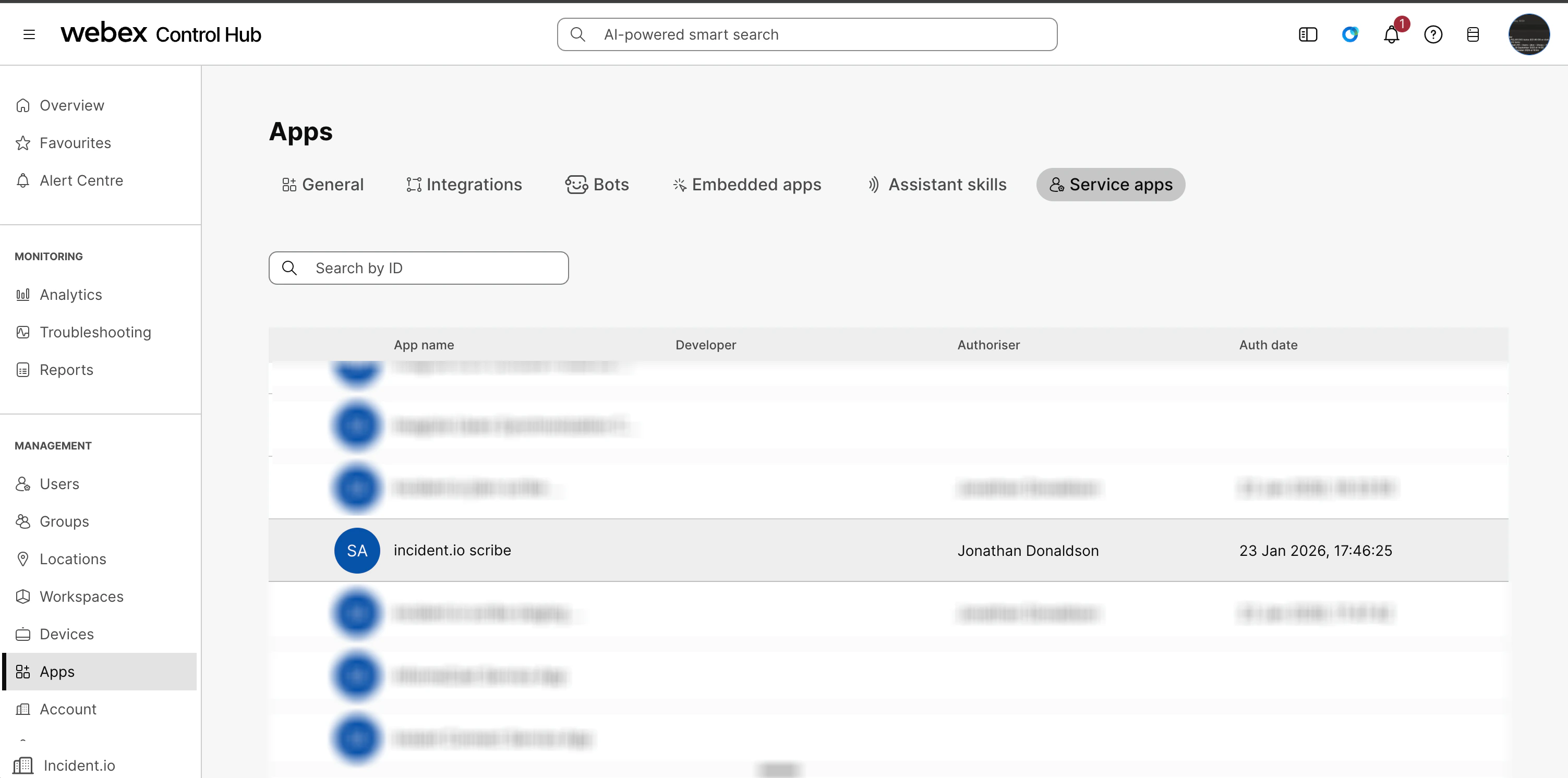 Selecting incident.io Scribe in Webex Admin Hub