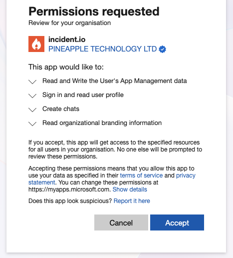 Microsoft permissions requested dialog for the incident.io app