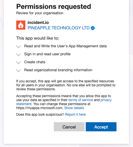 Microsoft permissions requested dialog for the incident.io app