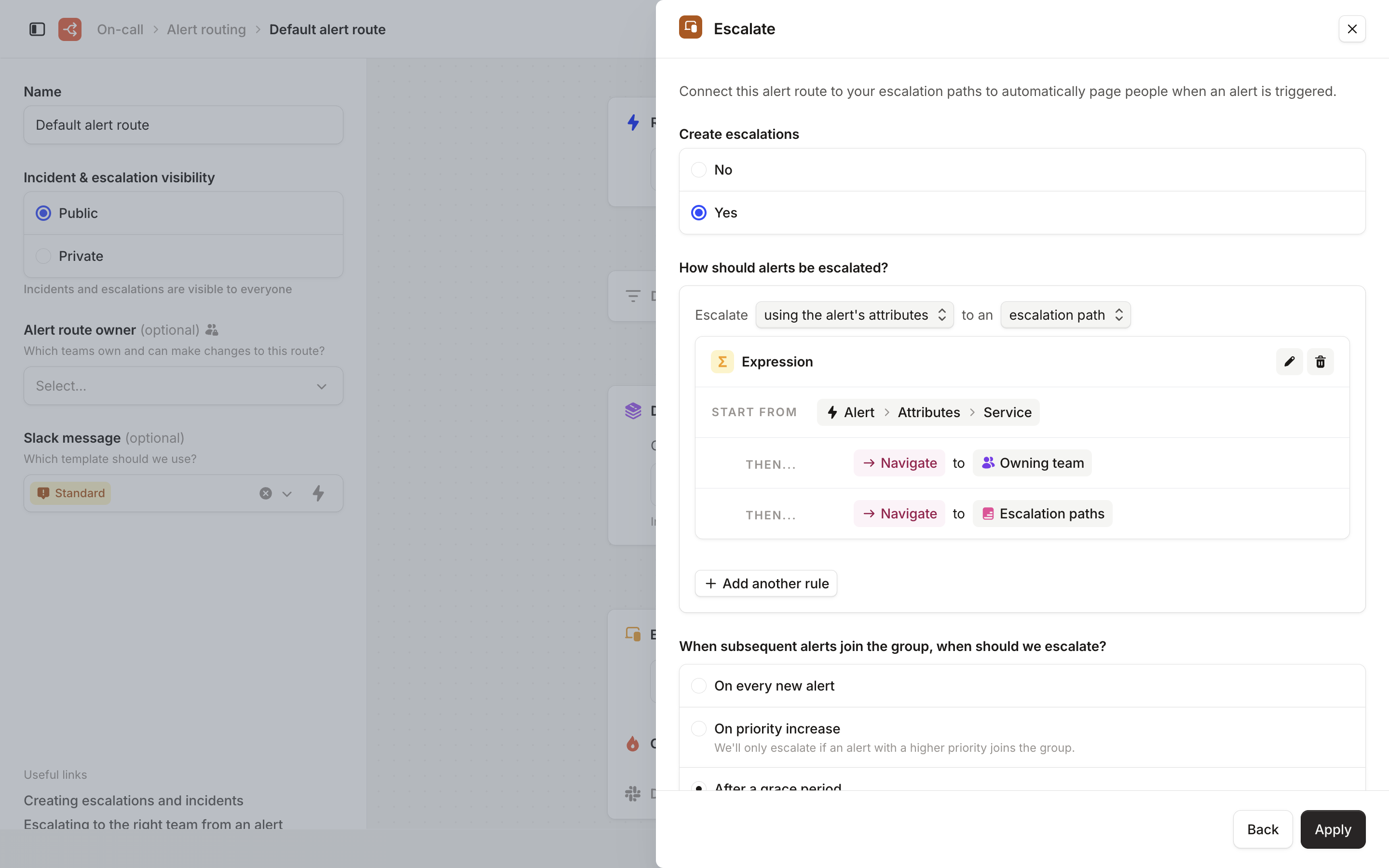 The Escalate step with Create escalations set to Yes and an expression from Alert Service to Owning team to Escalation paths