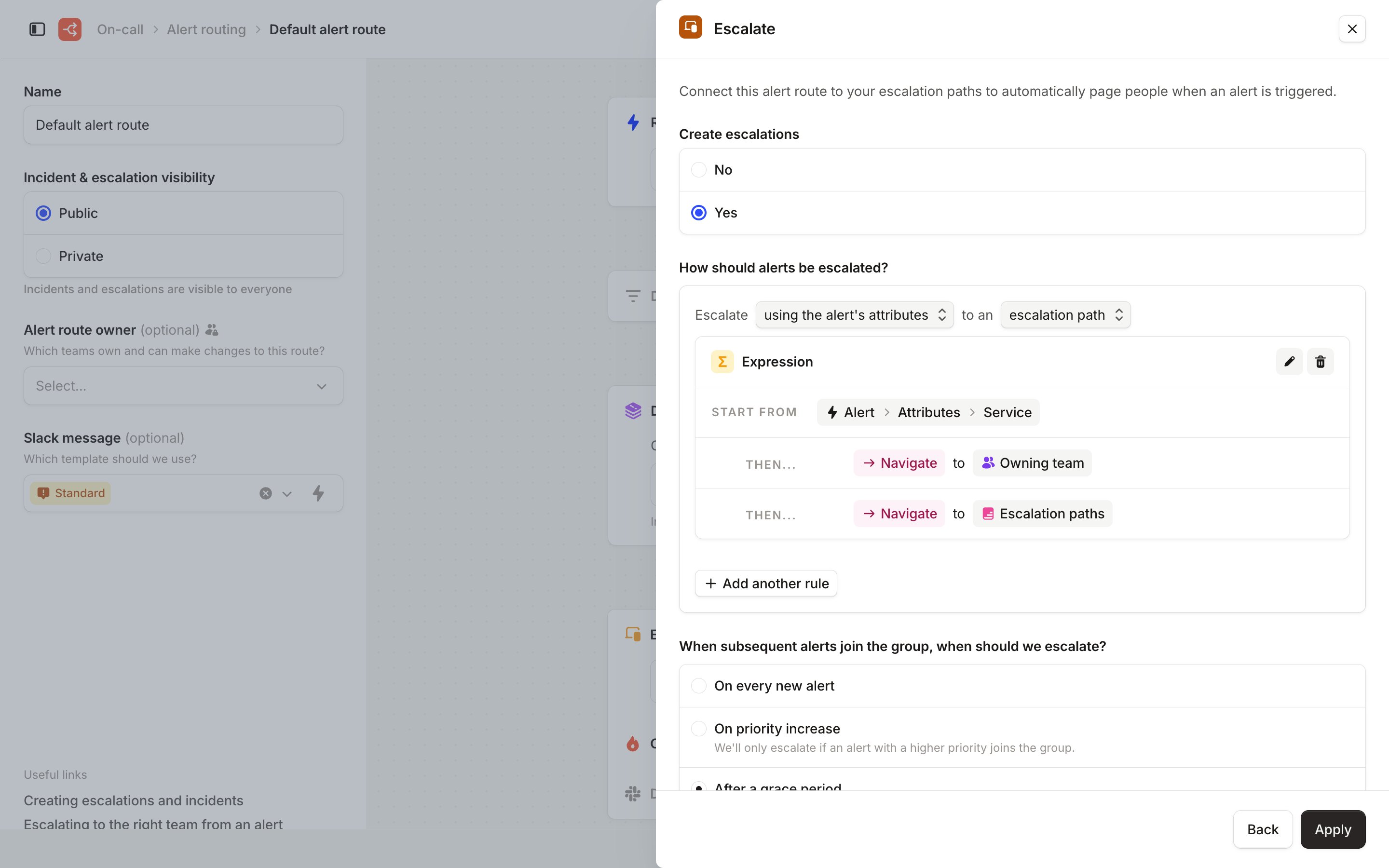 The Escalate step with Create escalations set to Yes and an expression from Alert Service to Owning team to Escalation paths