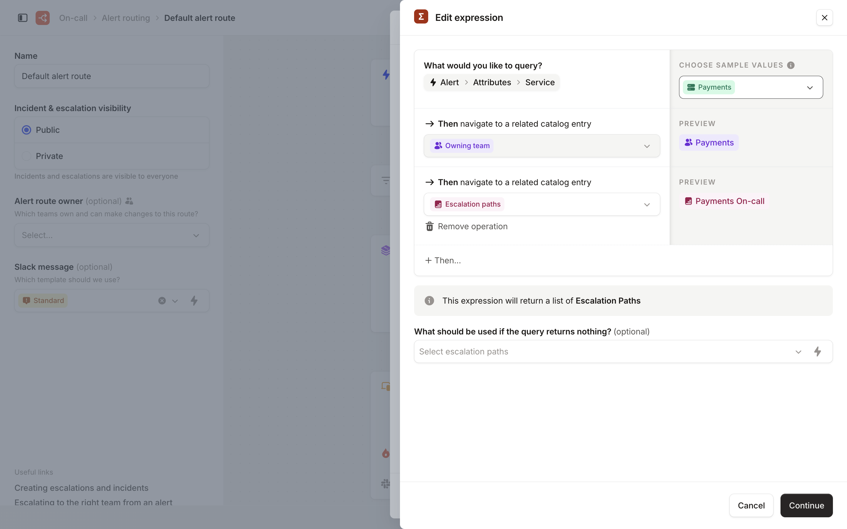 The Edit expression drawer, previewing a Payments service resolving to the Payments On-call path