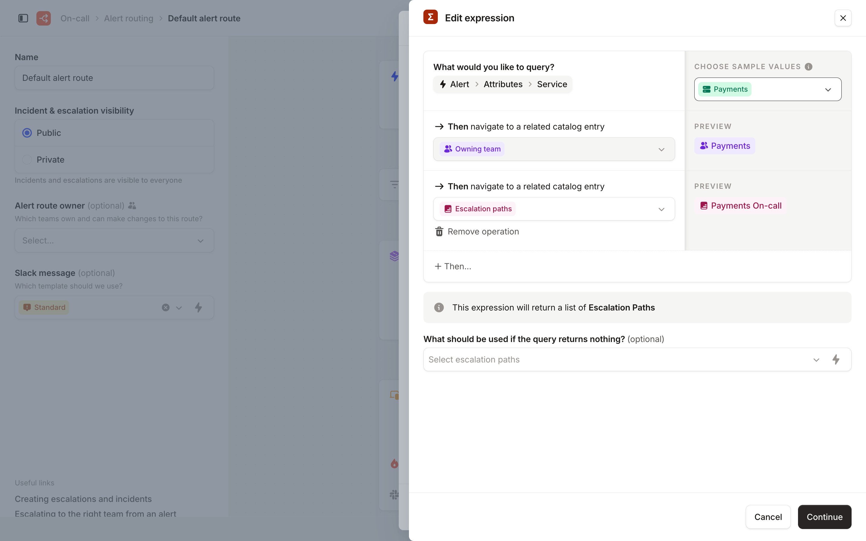 The Edit expression drawer, previewing a Payments service resolving to the Payments On-call path