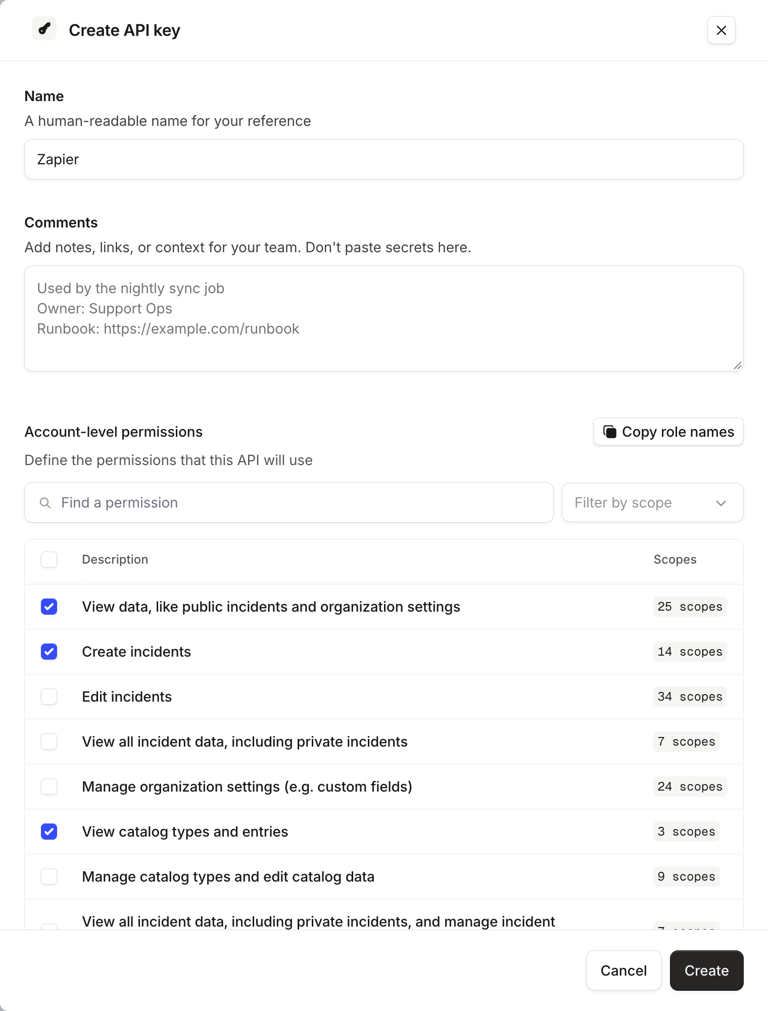 The Create API key drawer, with View data, Create incidents and View catalog types and entries ticked