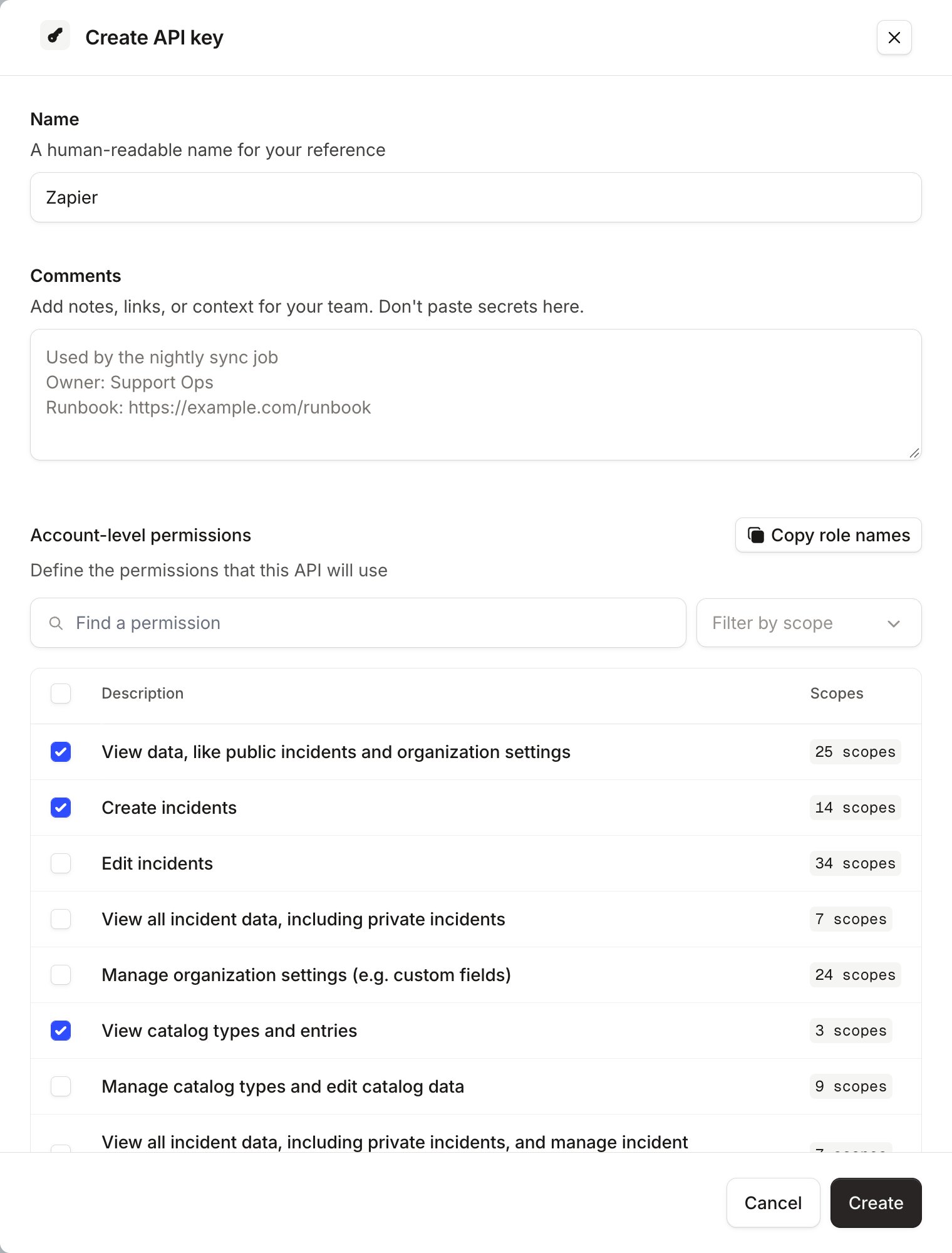 The Create API key drawer, with View data, Create incidents and View catalog types and entries ticked