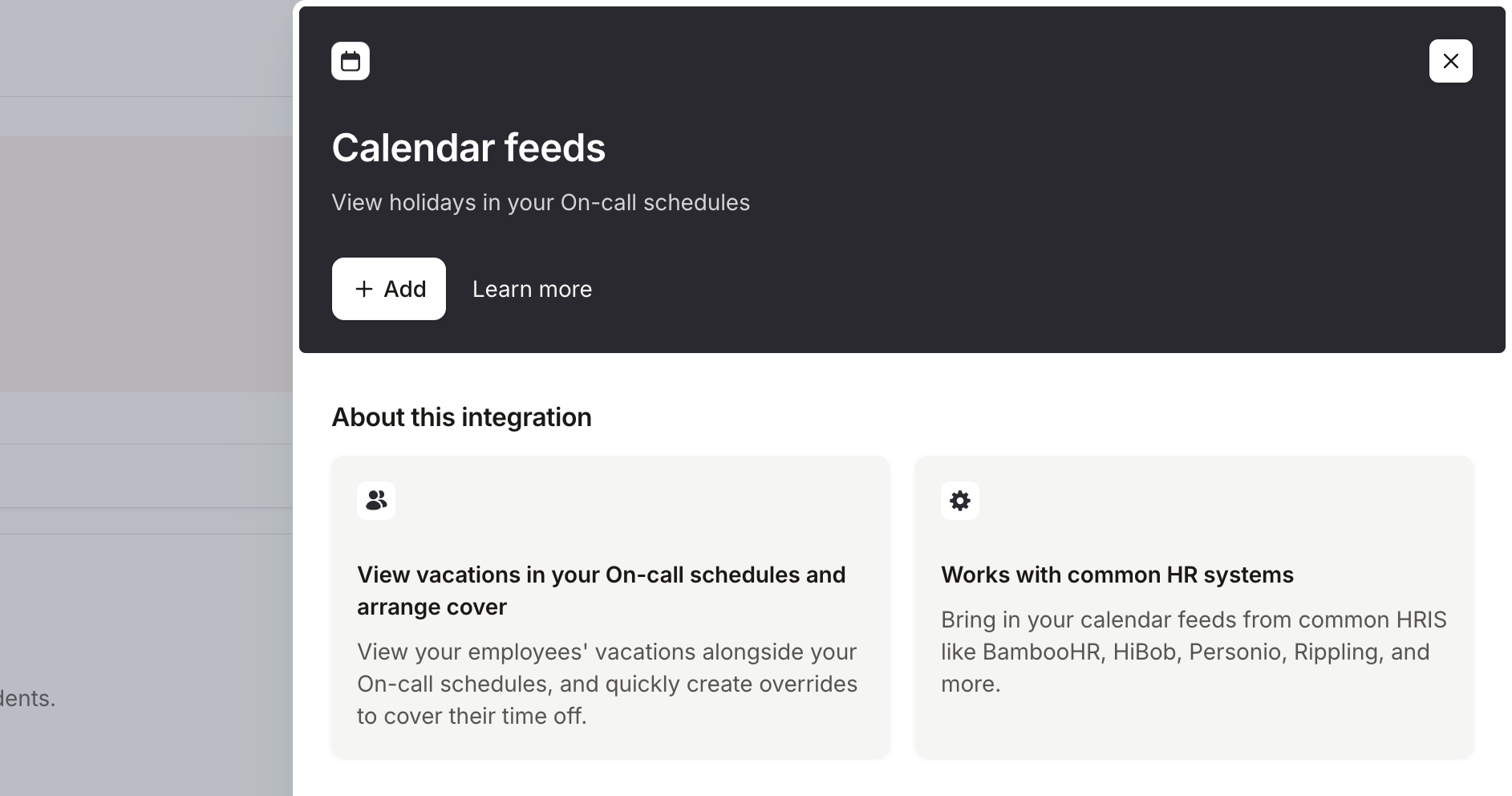 The Calendar feeds integration drawer, with + Add and Learn more