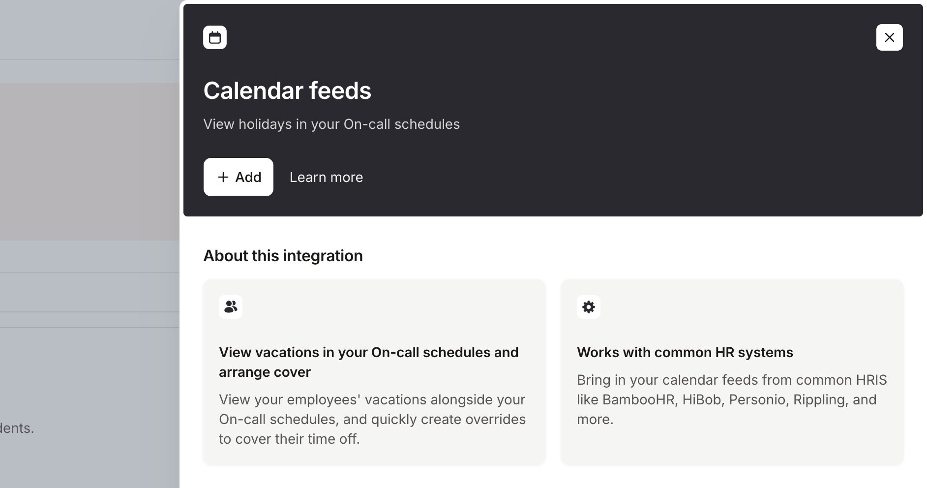 The Calendar feeds integration drawer, with + Add and Learn more