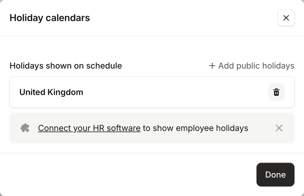 The Holiday calendars modal, with United Kingdom listed under "Holidays shown on schedule"