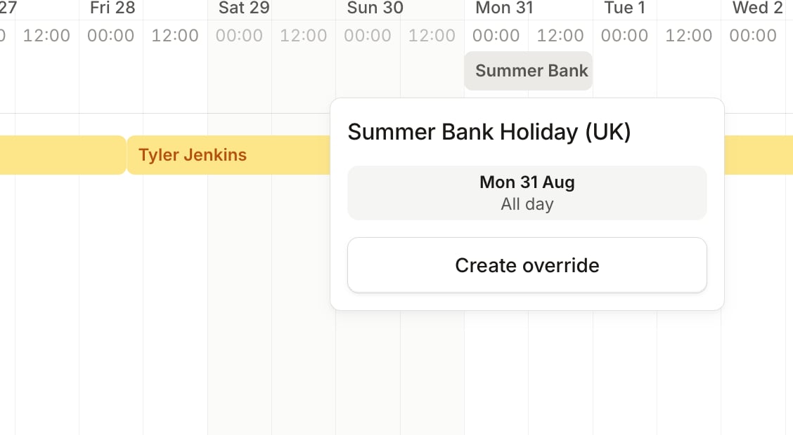 A schedule timeline with a Summer Bank Holiday (UK) popover offering Create override