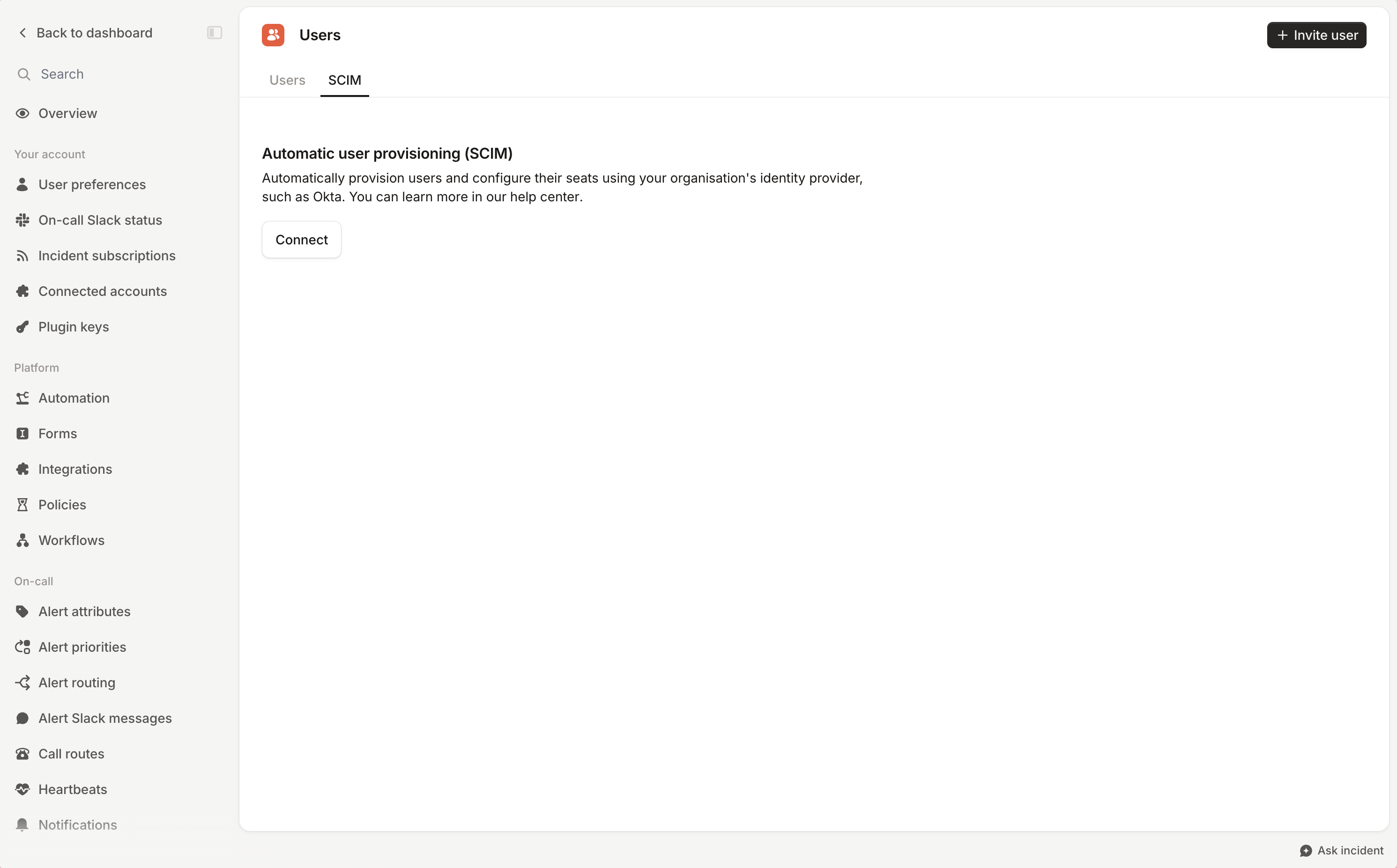 The SCIM tab of the Users settings page, with a Connect button
