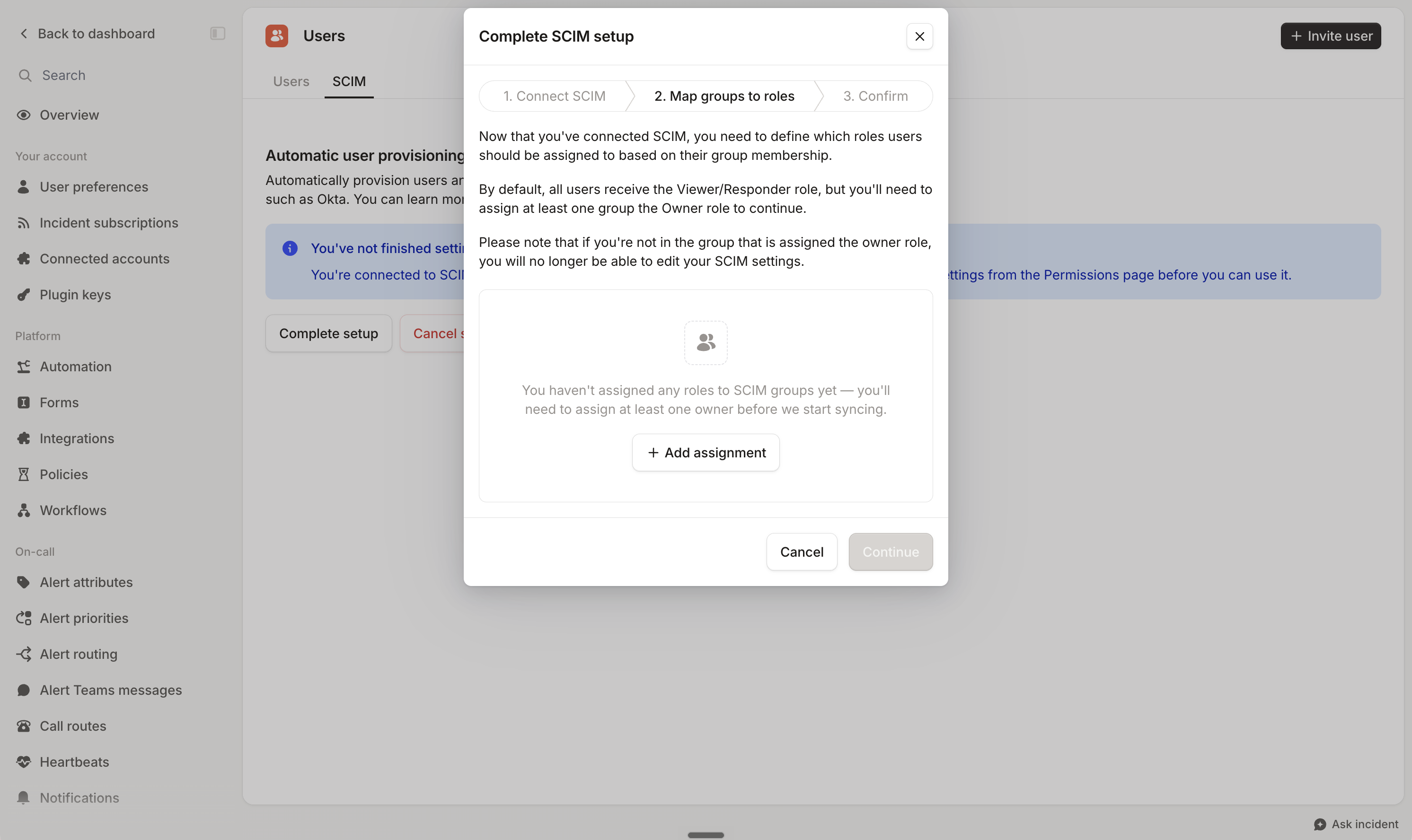 The Complete SCIM setup wizard on the Map groups to roles step, before any groups have been assigned