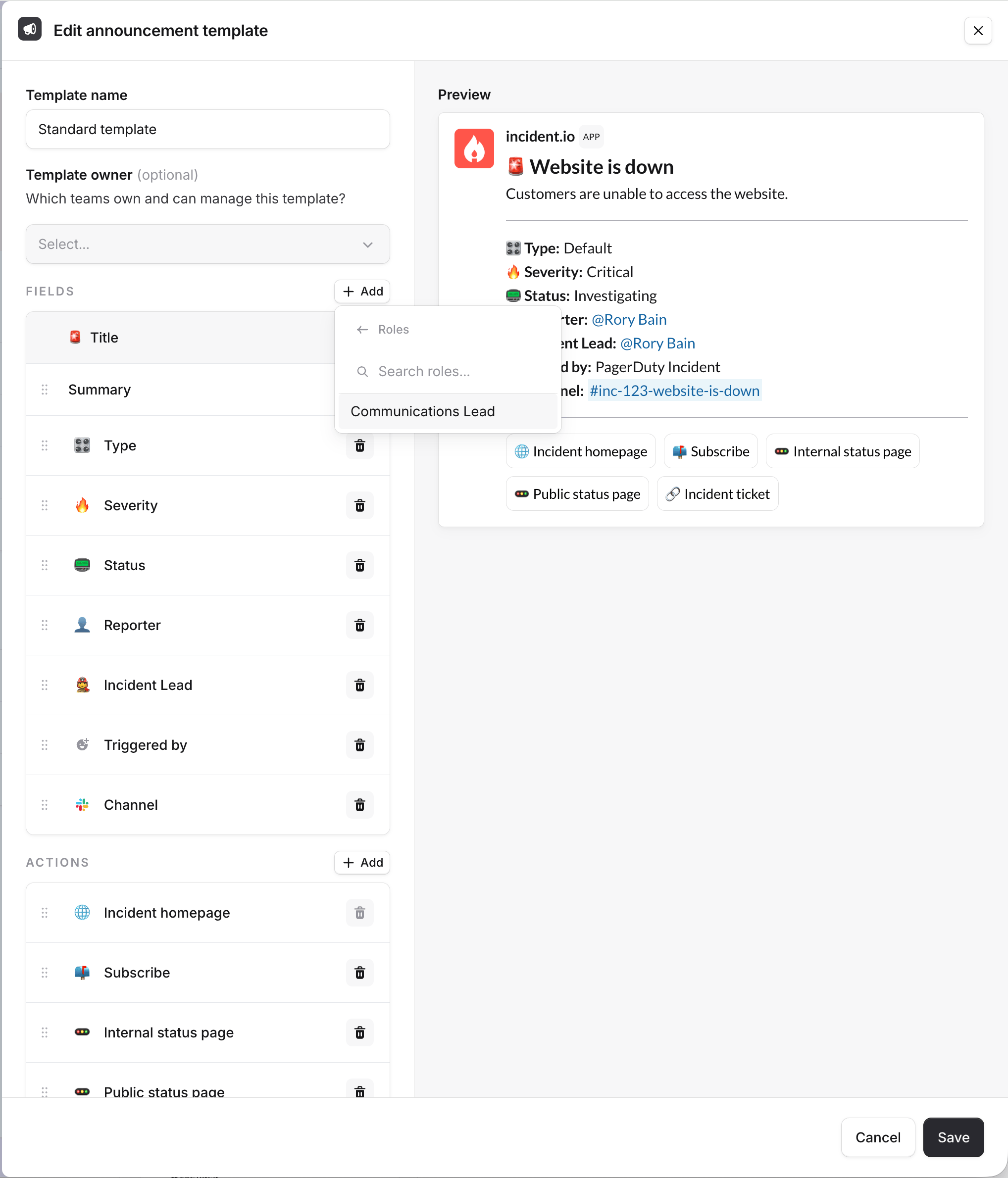 Adding a field to a template by picking from the Add menu