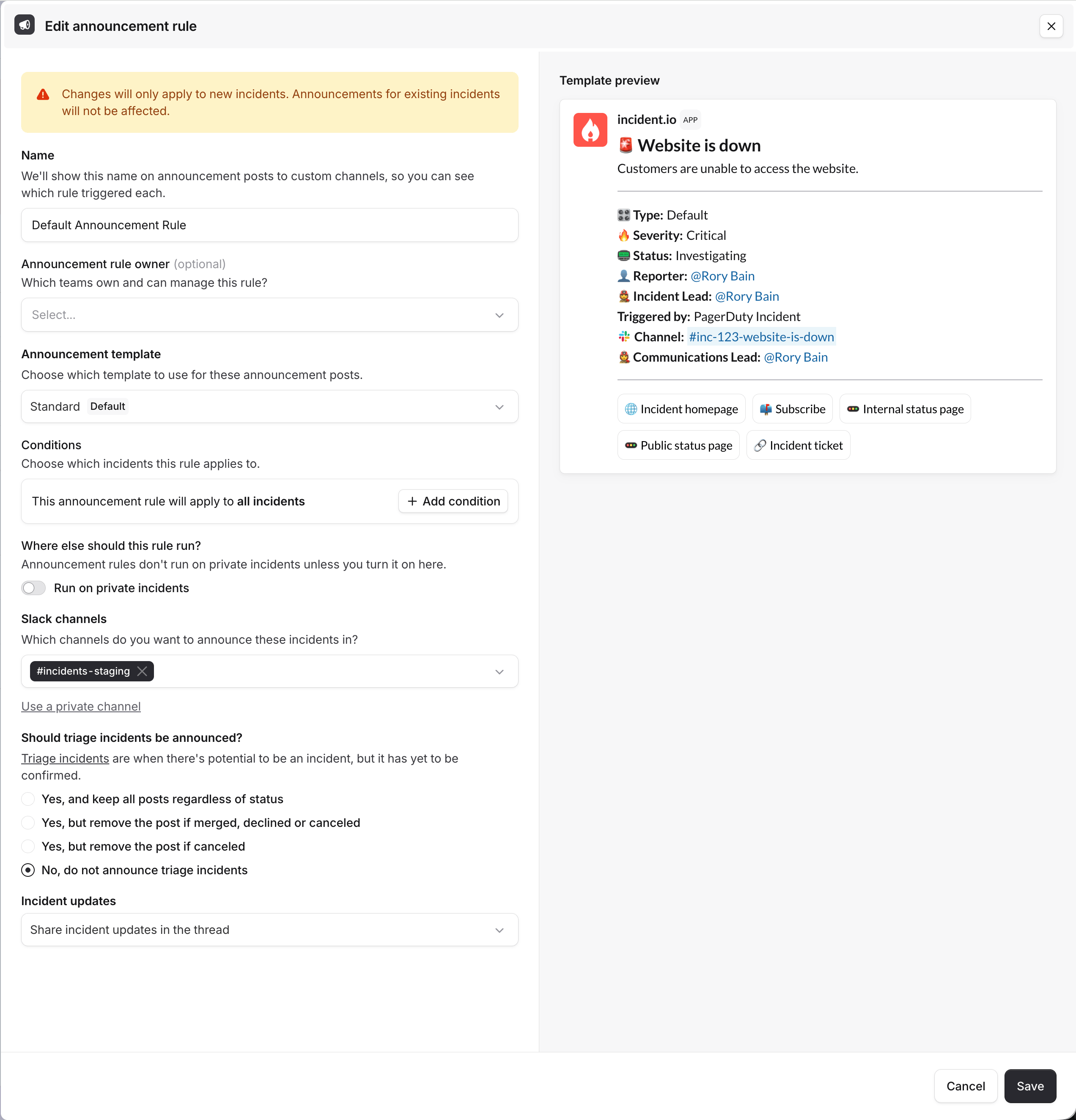 The Edit announcement rule drawer, showing the rule's settings, conditions, and a live preview of the
post