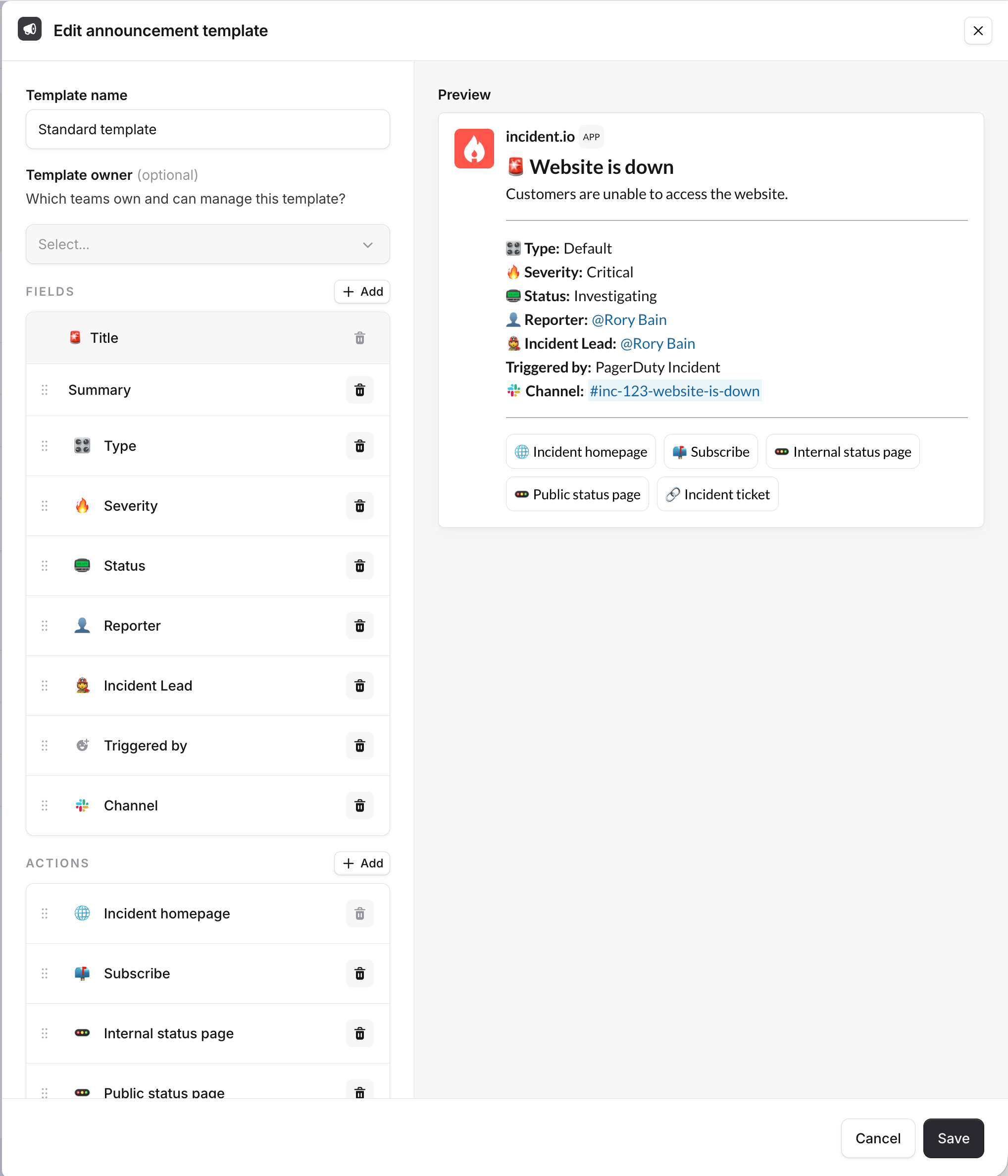 The Edit announcement template drawer, showing the fields and actions and a live preview of the
post