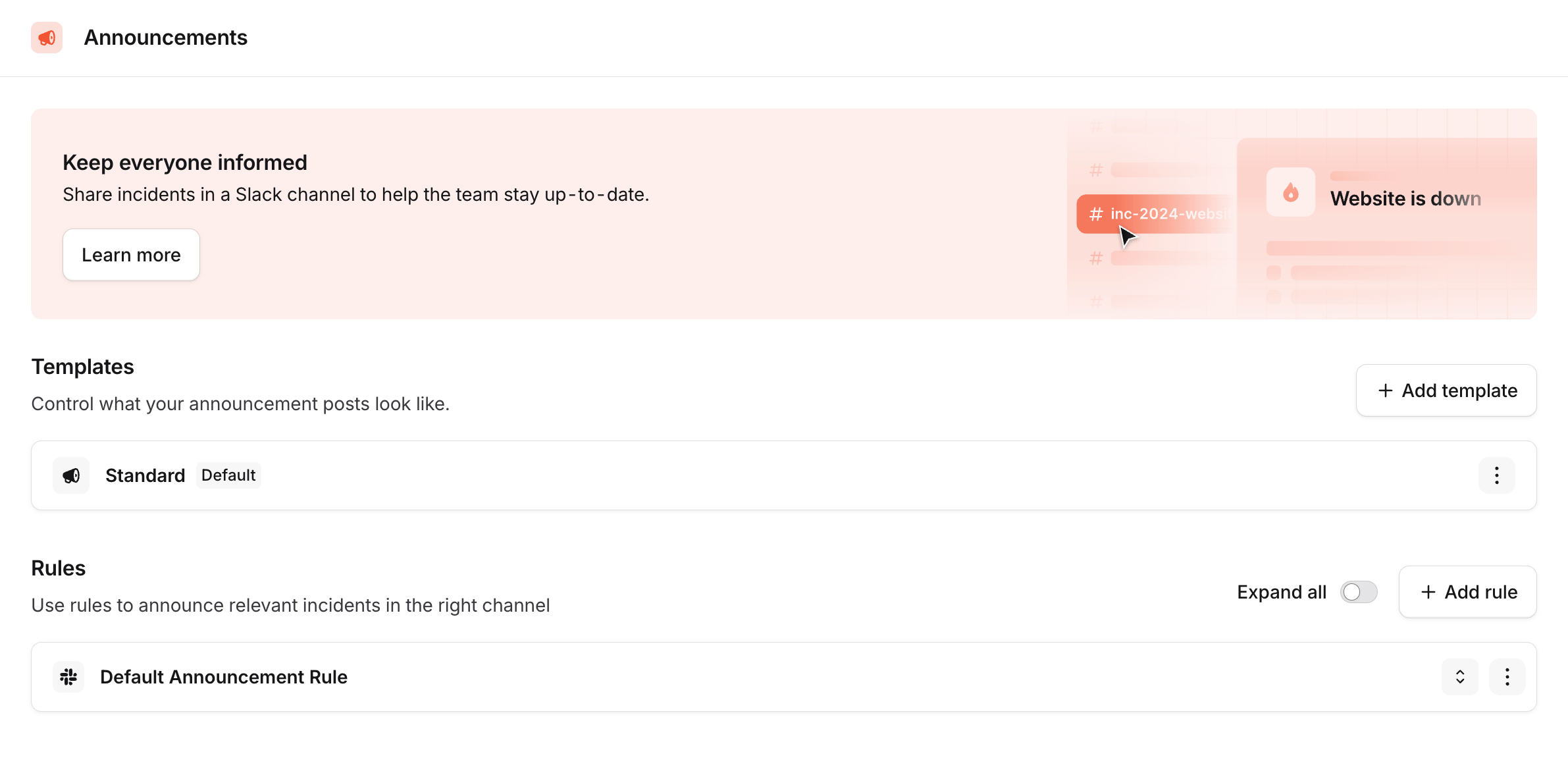 The Announcements settings page, showing the Templates and Rules
sections