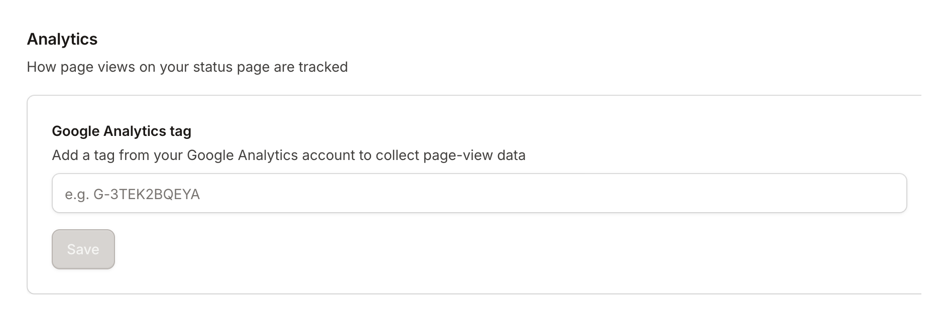 The Analytics section of Basic Settings, with an empty Google Analytics tag field