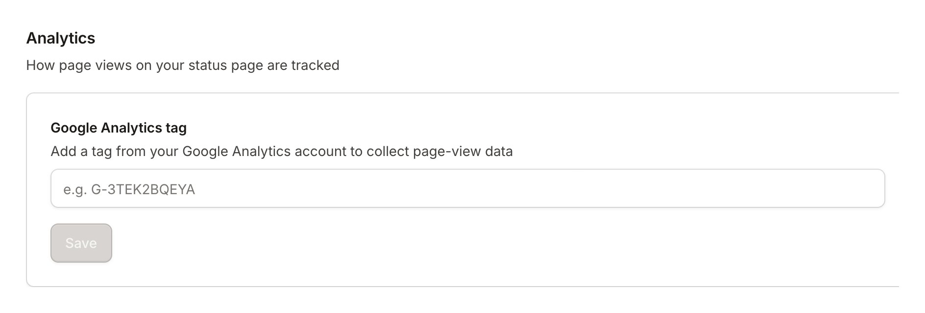 The Analytics section of Basic Settings, with an empty Google Analytics tag field