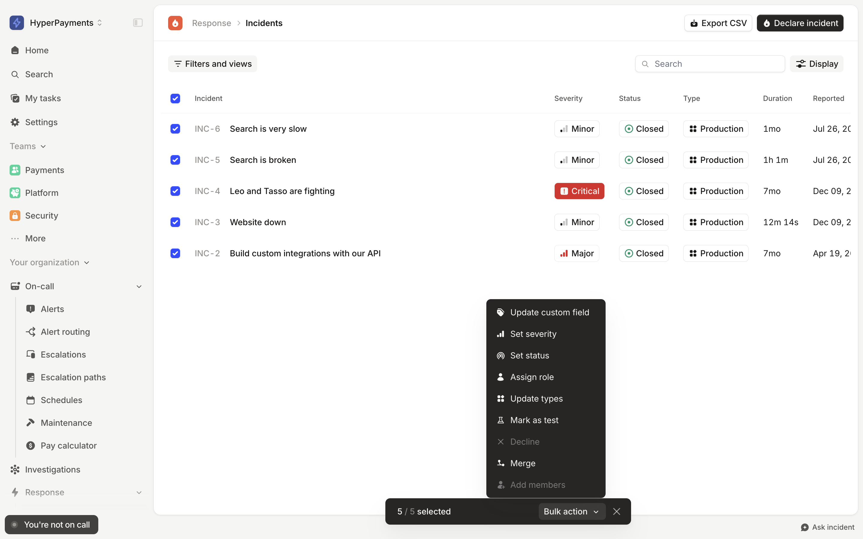 Five selected incidents with the Bulk action menu open on Update custom field