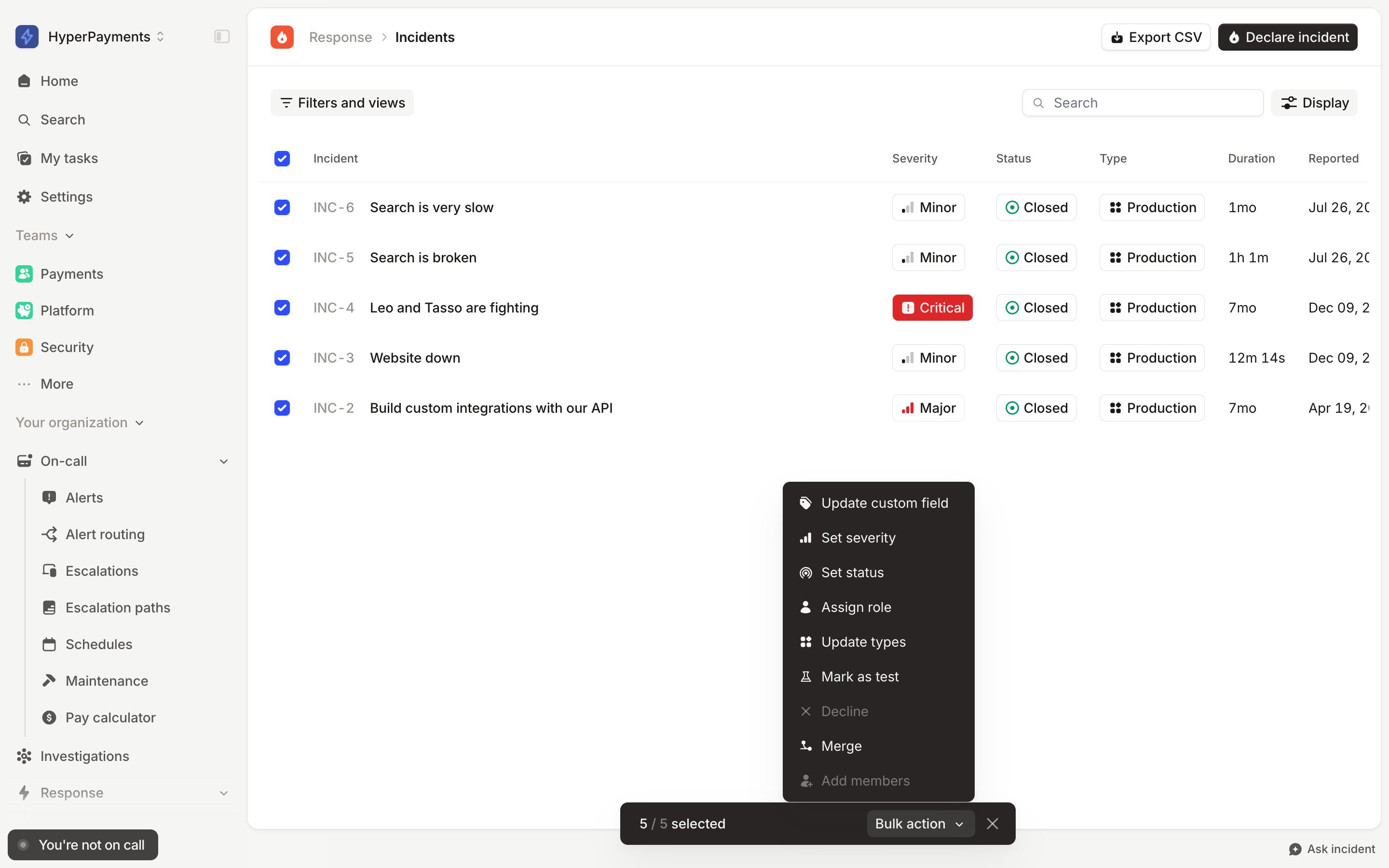 Five selected incidents with the Bulk action menu open on Update custom
field