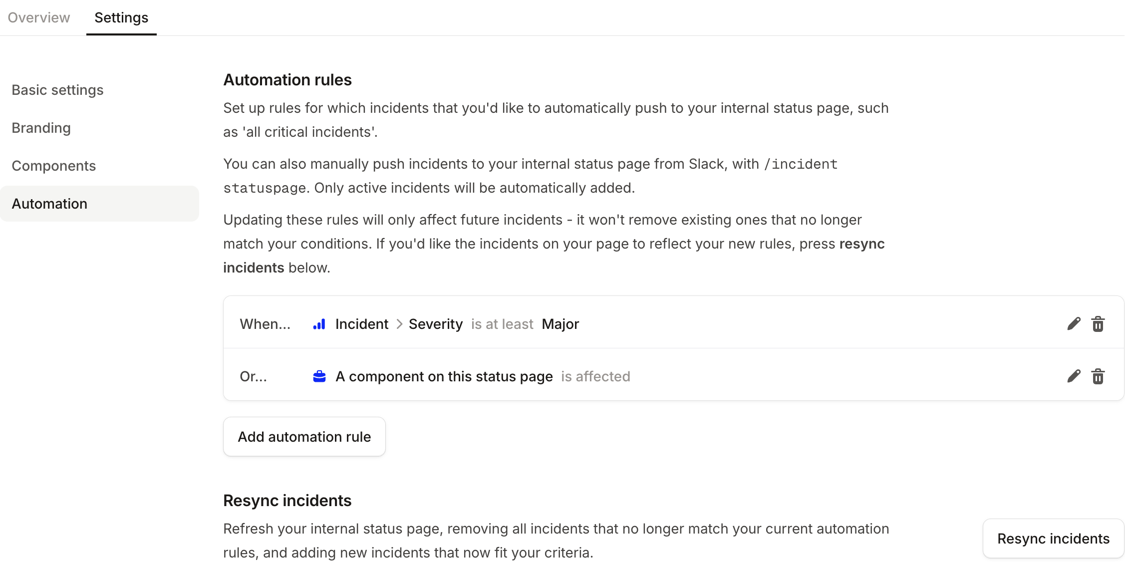 Automation tab of status page settings, with a default rule for components affected on this page